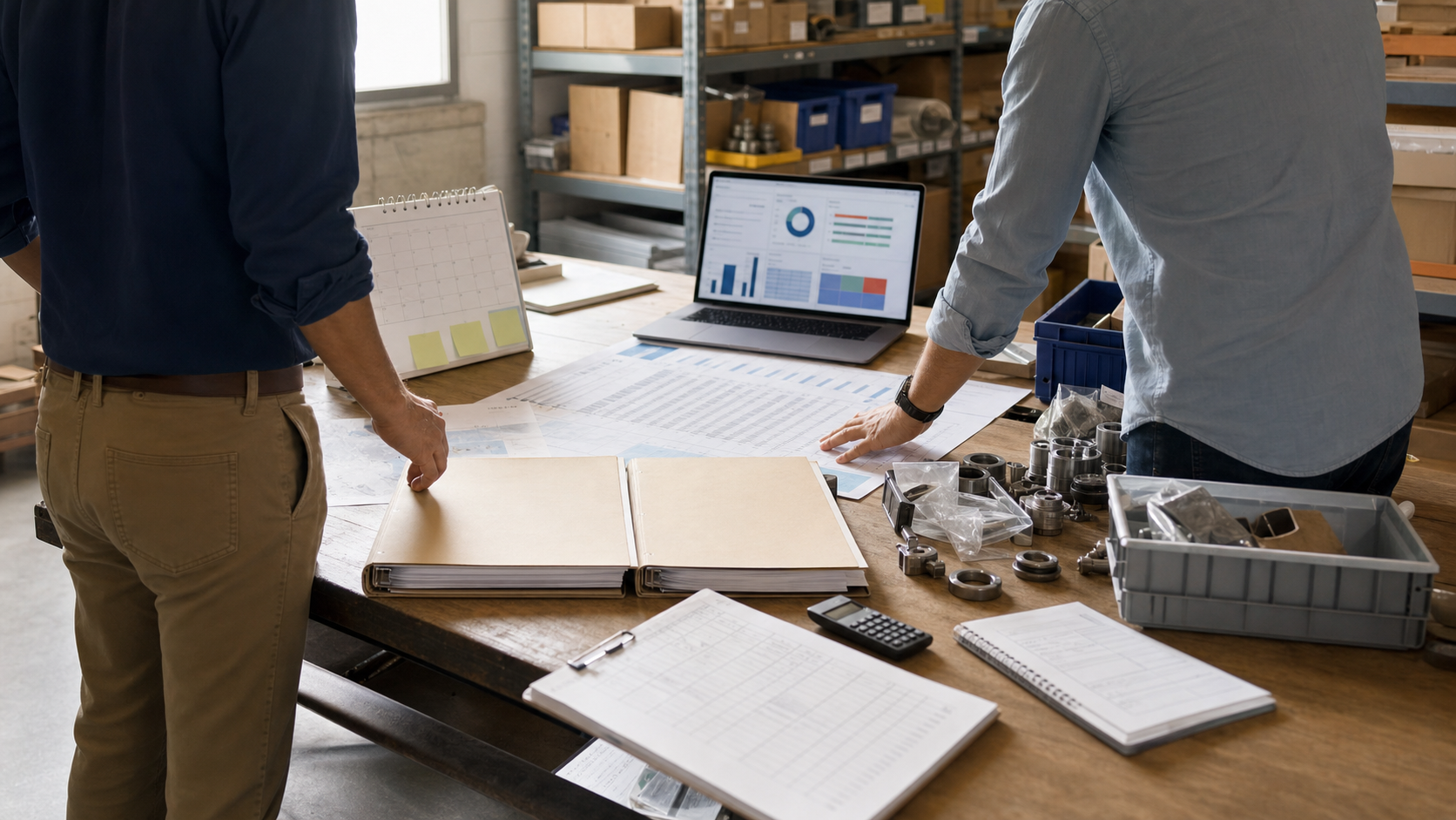 Business owner and operations lead reviewing supplier folders, inventory parts, purchase orders, delivery calendar, calculator, and supply status chart.