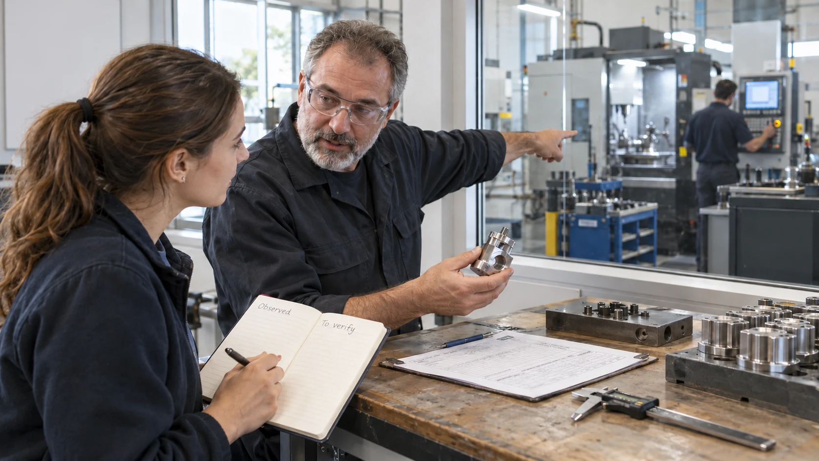 Interviewer and production specialist comparing a sample part, process notes and questions still needing verification.