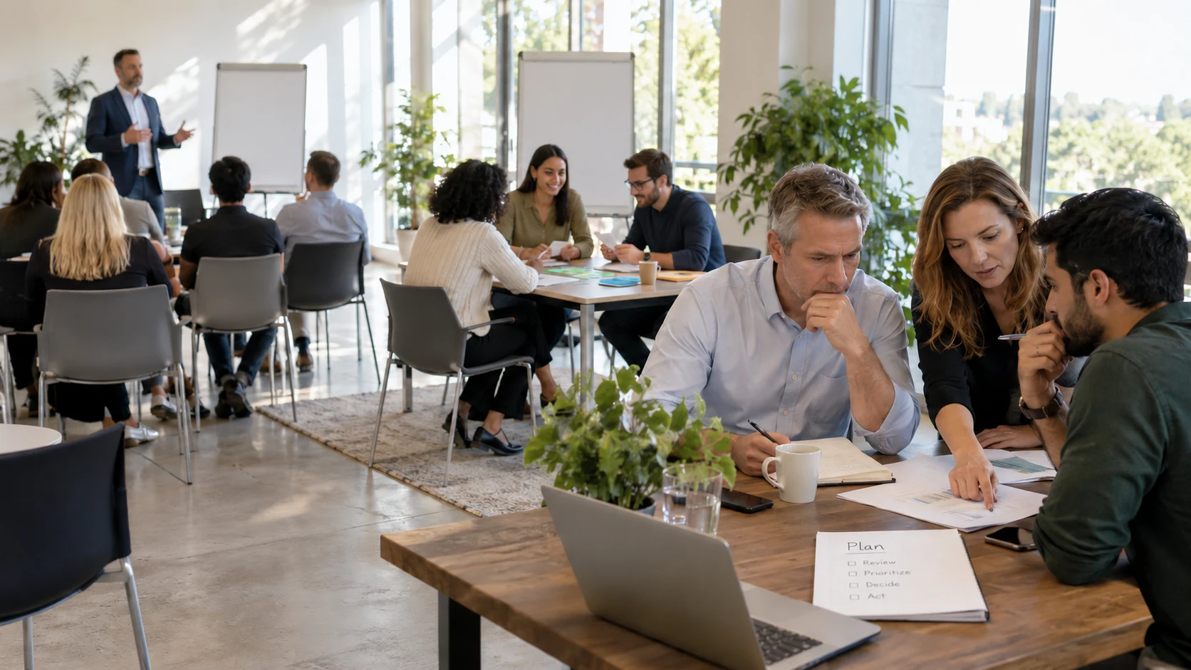 Three event activities: listening to an idea, practicing with an example and working through a company choice.