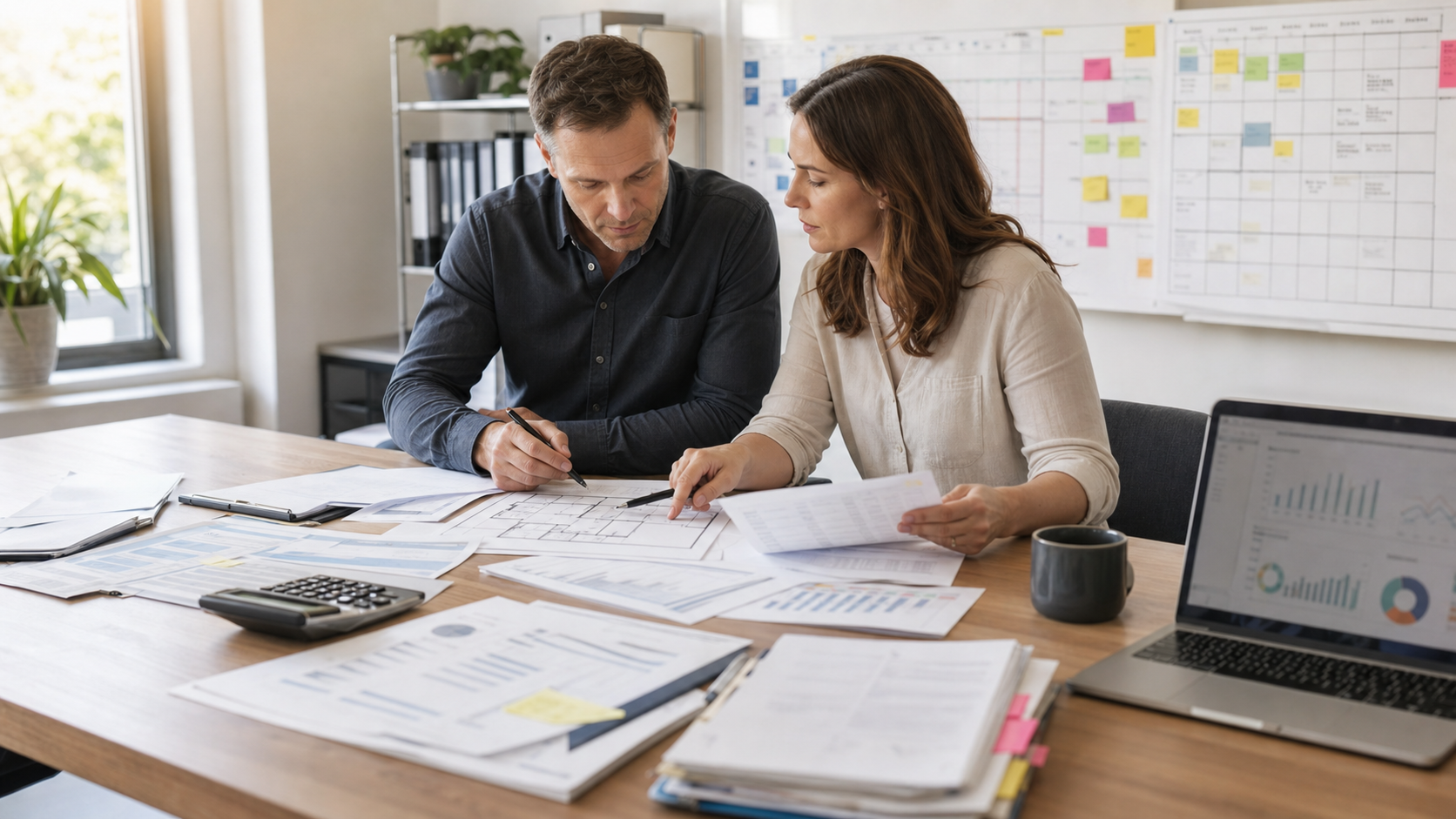 Business owner and operations lead reviewing capacity, cash timing, staffing, and expansion plans before signing.