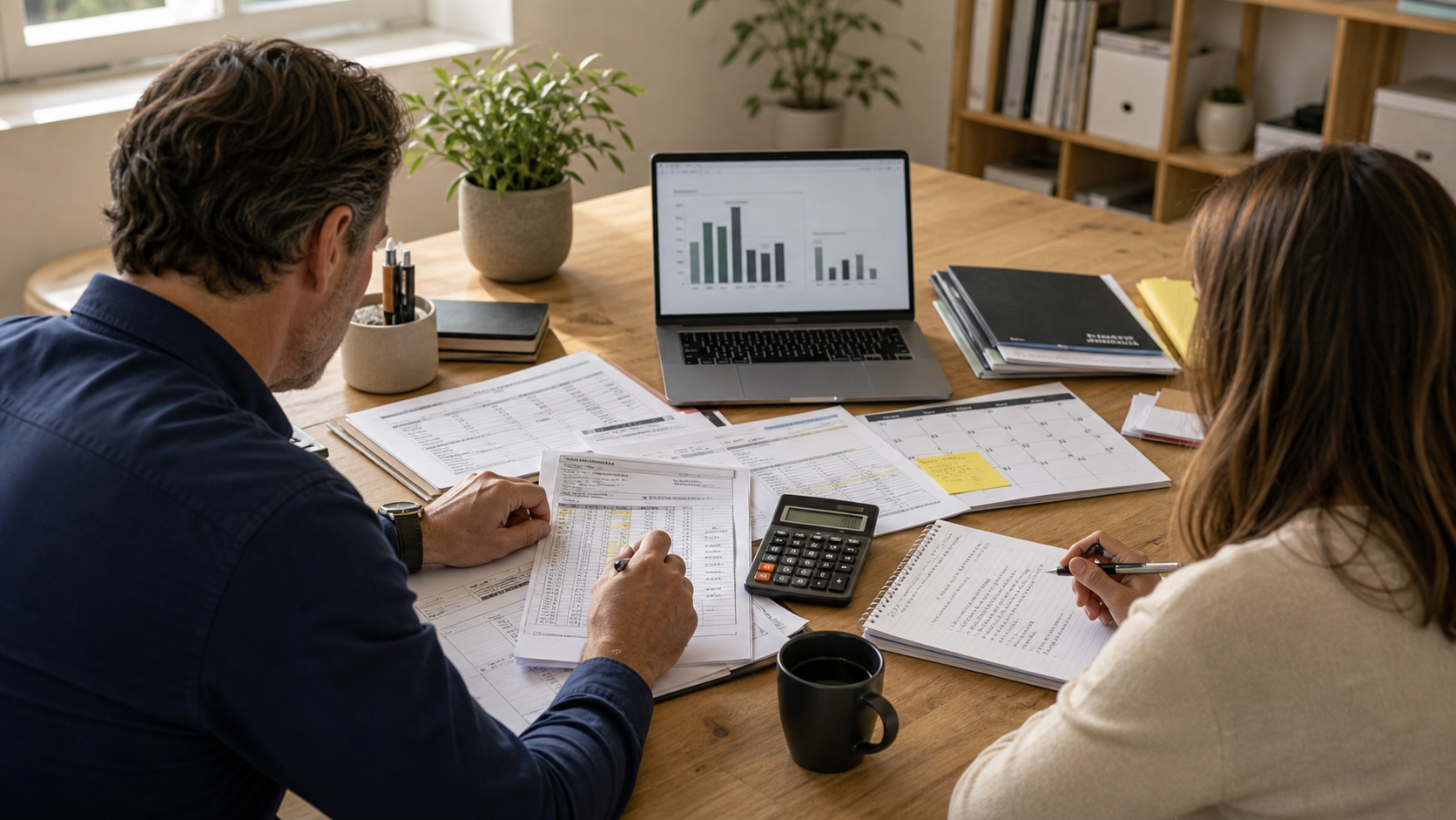 Business owner and operations lead reviewing invoices, payroll schedule, pricing worksheet, calculator, and margin chart.