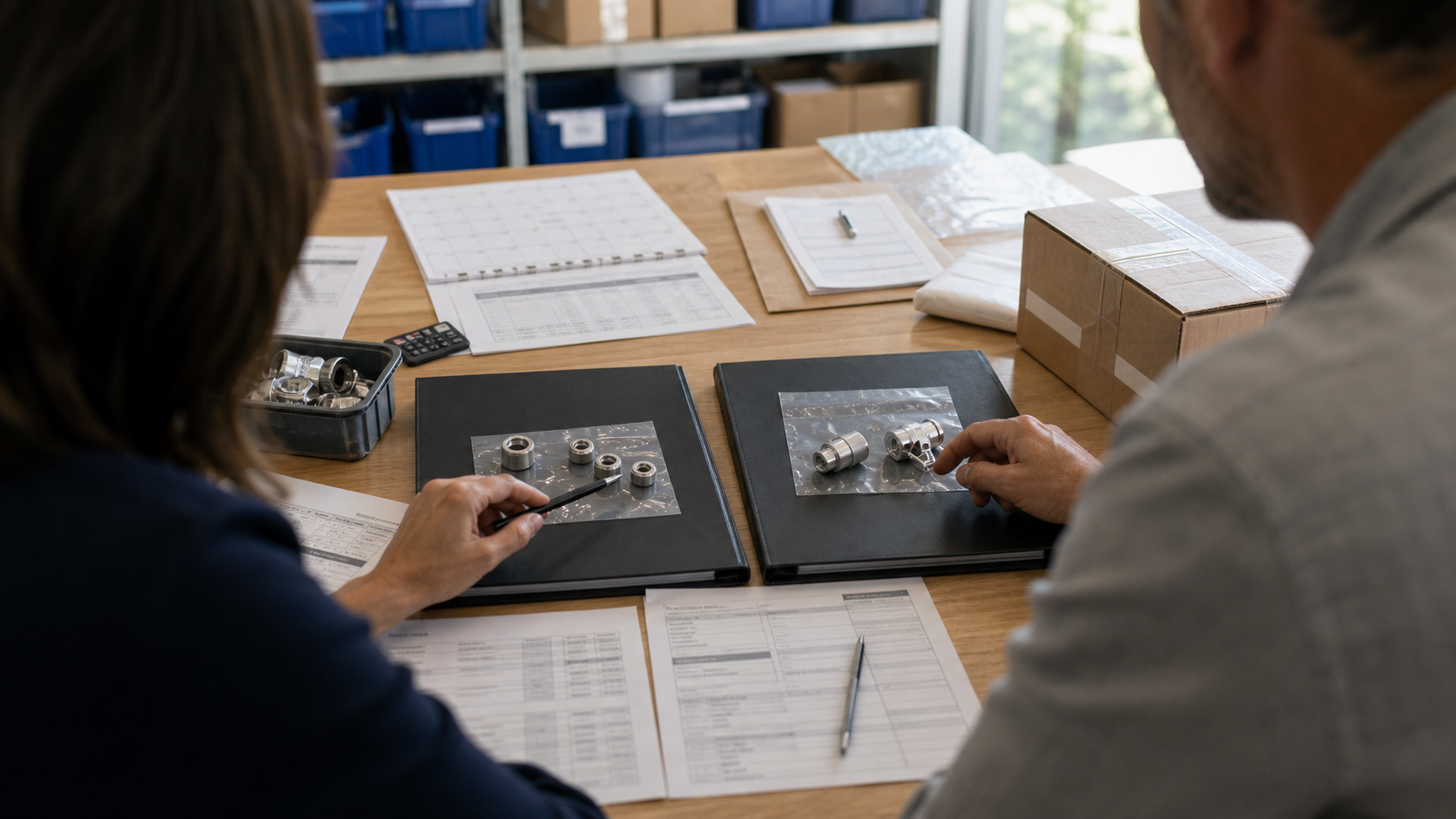 Business owner and operations lead comparing two supplier folders, sample parts, delivery calendar, test shipment box, and purchase paperwork before adding a second supplier.