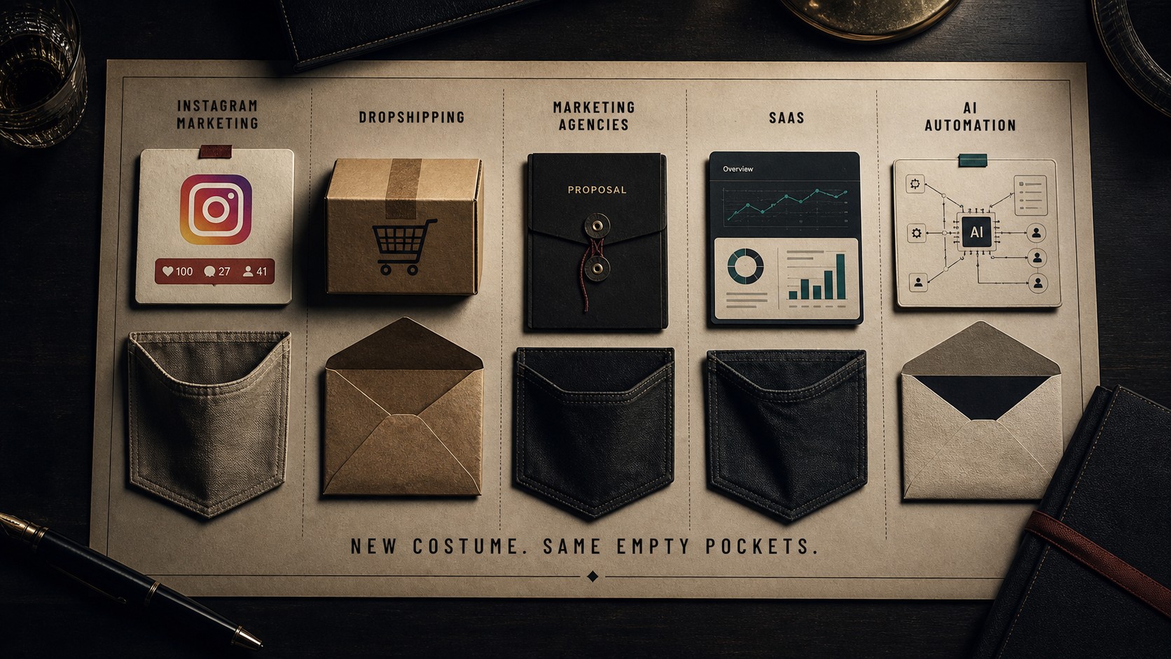 A premium editorial table with trend artifacts for Instagram marketing, dropshipping, agencies, SaaS, and AI above empty pockets.