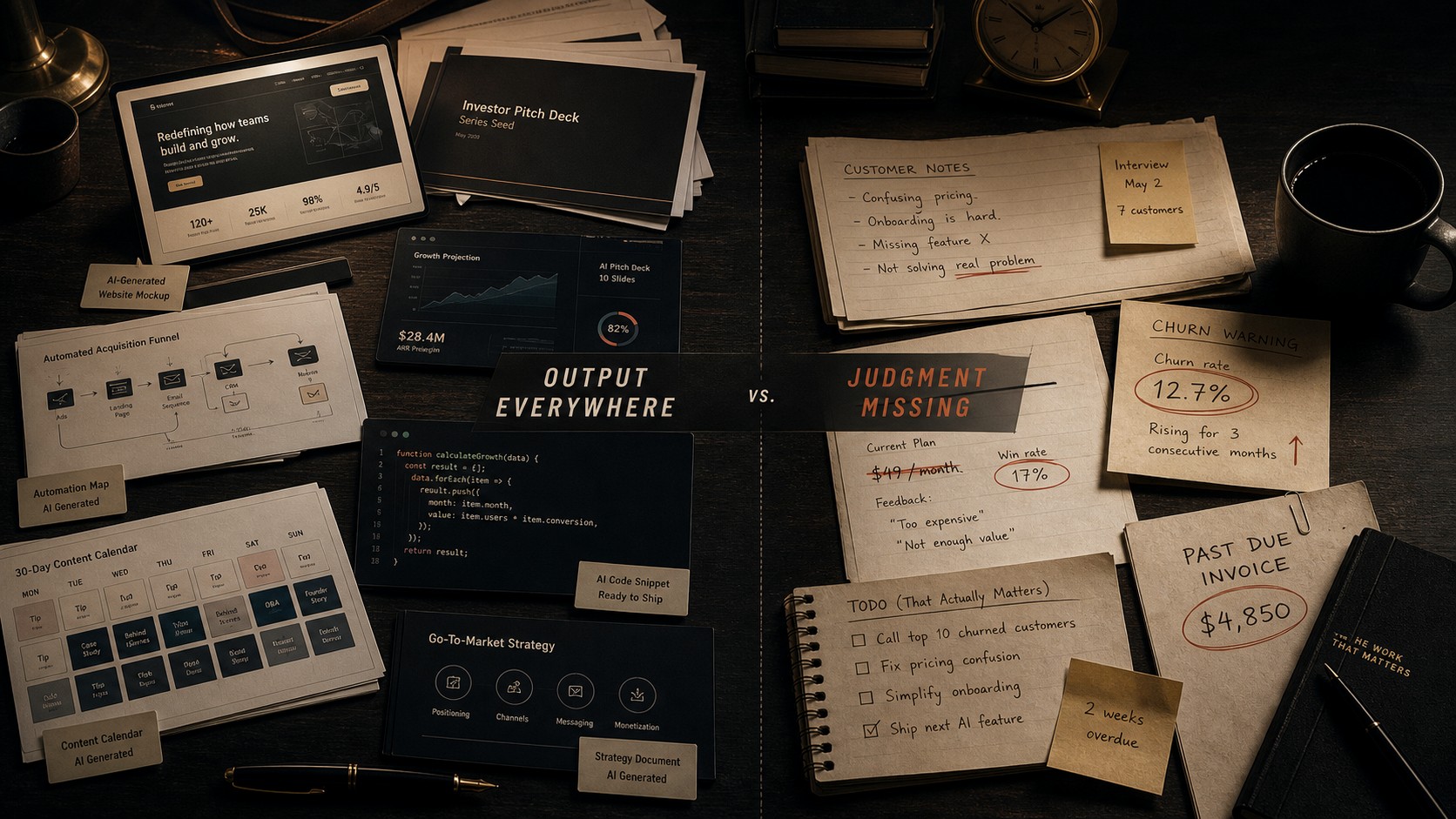 A founder desk split between AI output materials and ignored customer, pricing, churn, and invoice evidence.