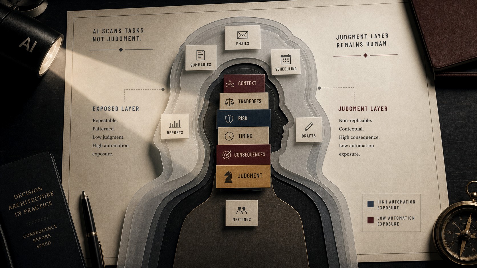 A layered human work silhouette showing exposed task cards outside and protected context, tradeoff, risk, timing, and judgment cards inside.