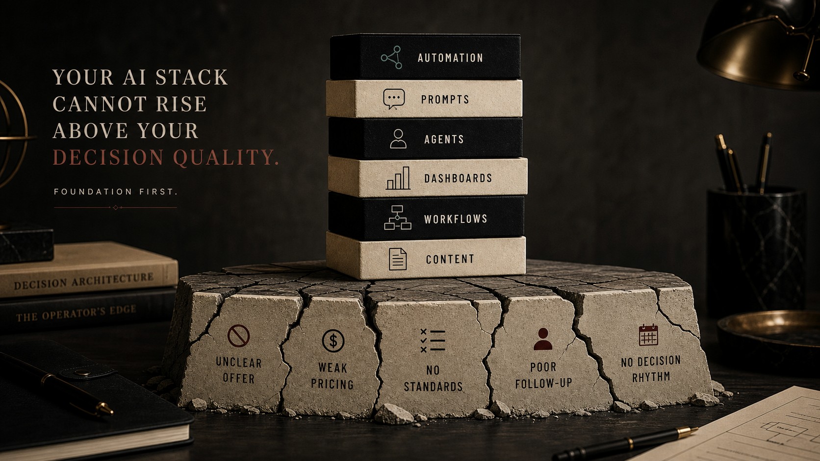 A refined tower of AI tool blocks sits on a cracked foundation labeled unclear offer, weak pricing, no standards, poor follow-up, and no decision rhythm.