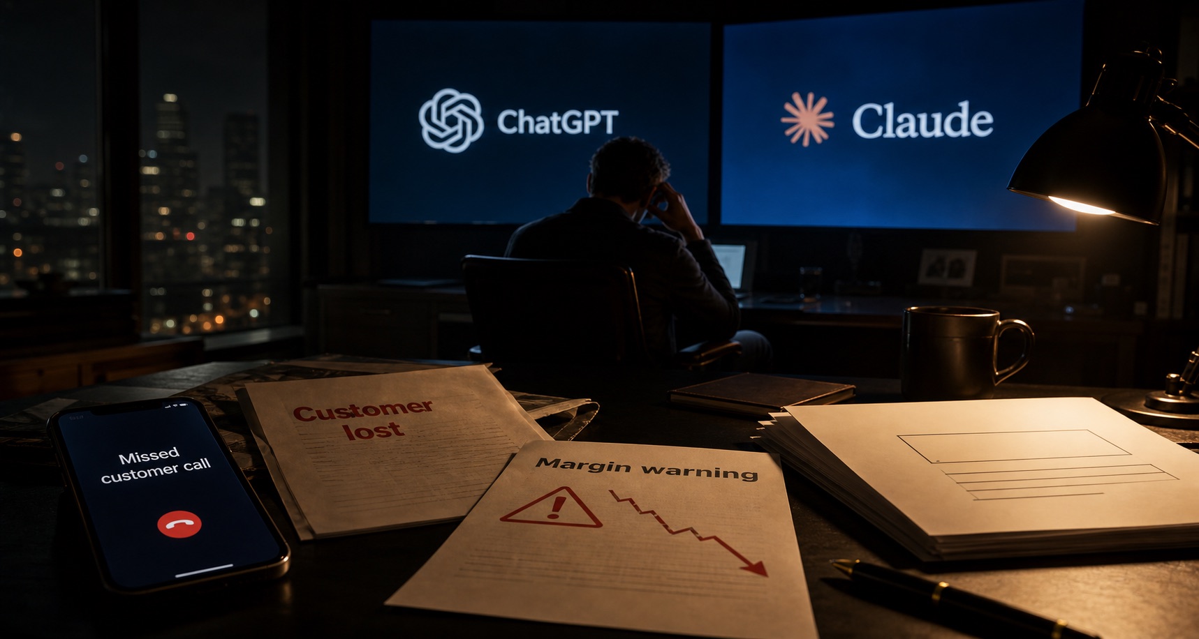A founder watches ChatGPT and Claude screens while missed customer calls, customer loss, and margin warnings sit on the desk.