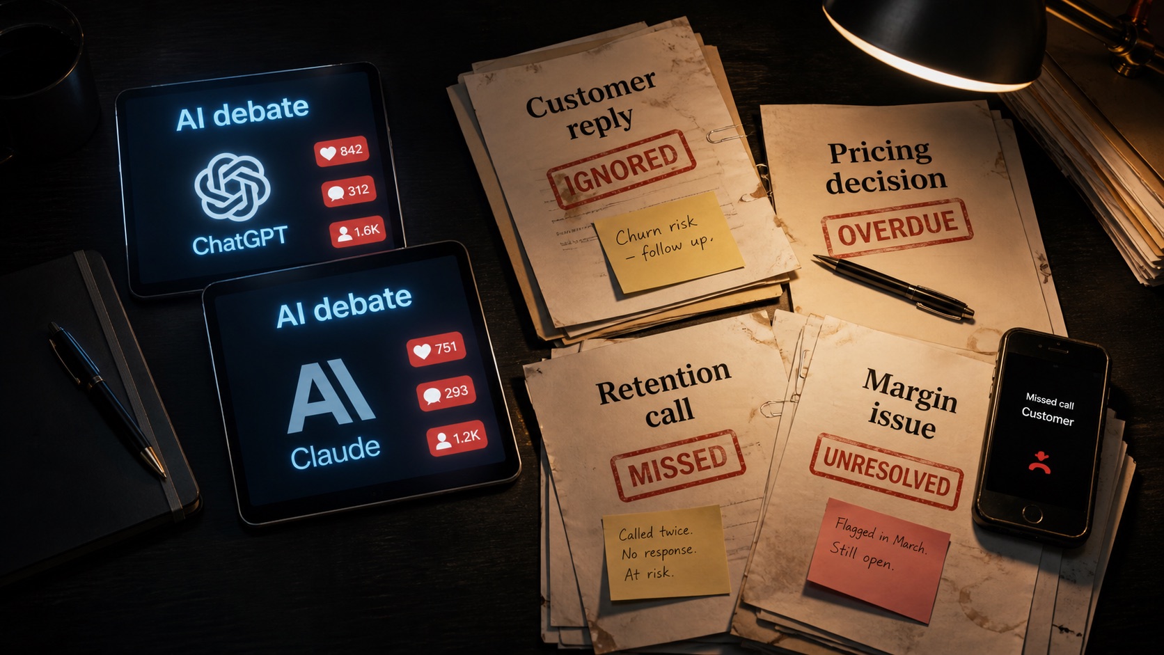 A desk split between AI debate screens and ignored customer reply, pricing decision, retention call, and margin issue papers.