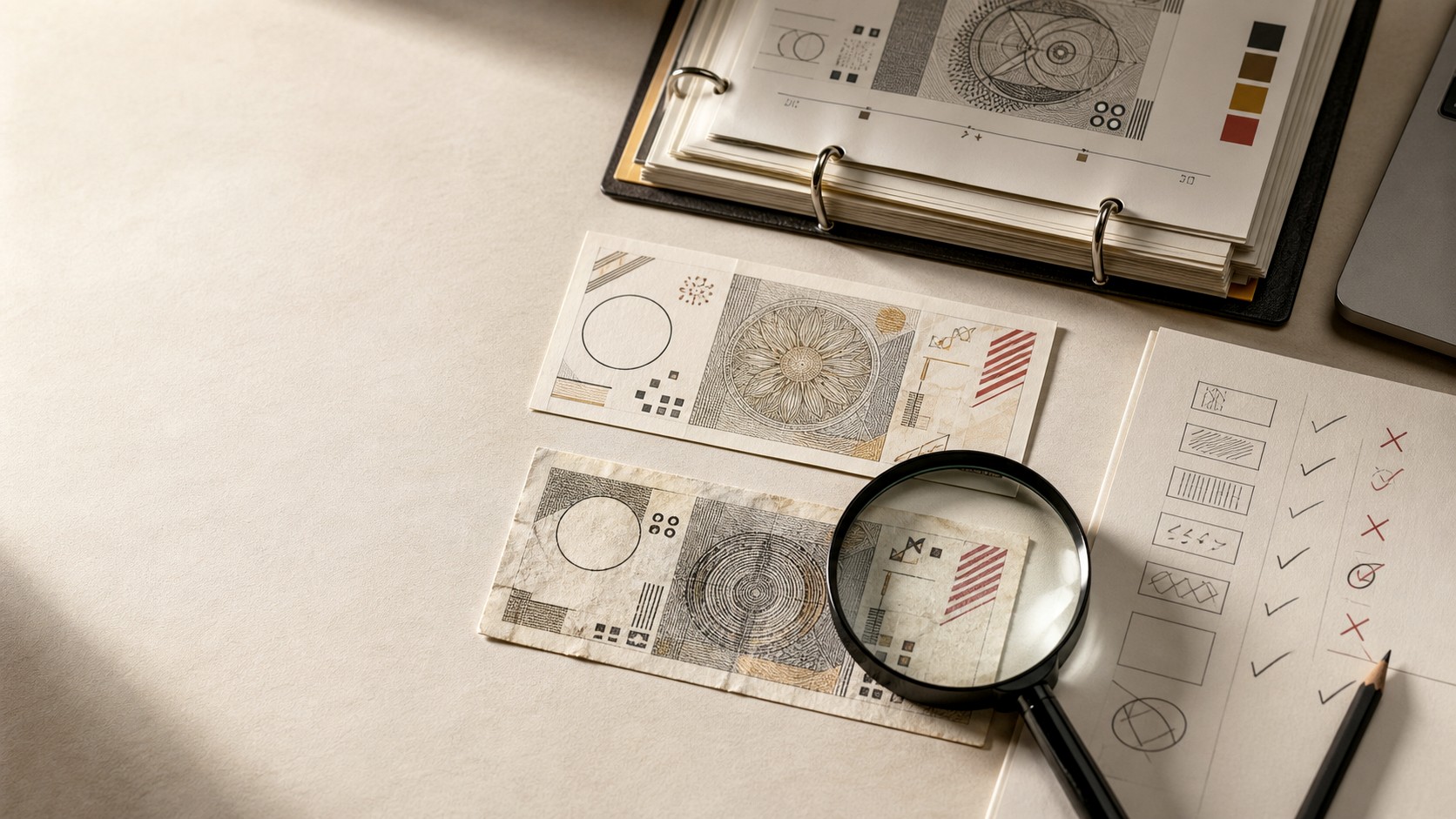 A premium editorial desk with fictional training banknotes, a source binder, a loupe, and a verification checklist.