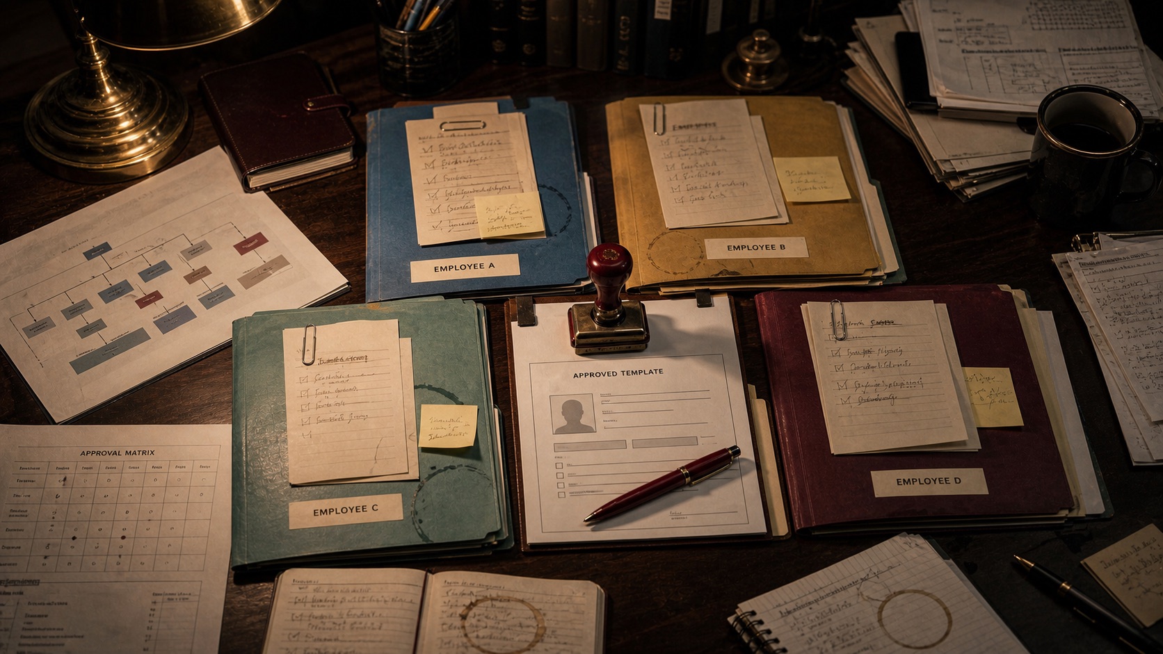 A founder desk with employee folders, approval documents, and a central approved template form.