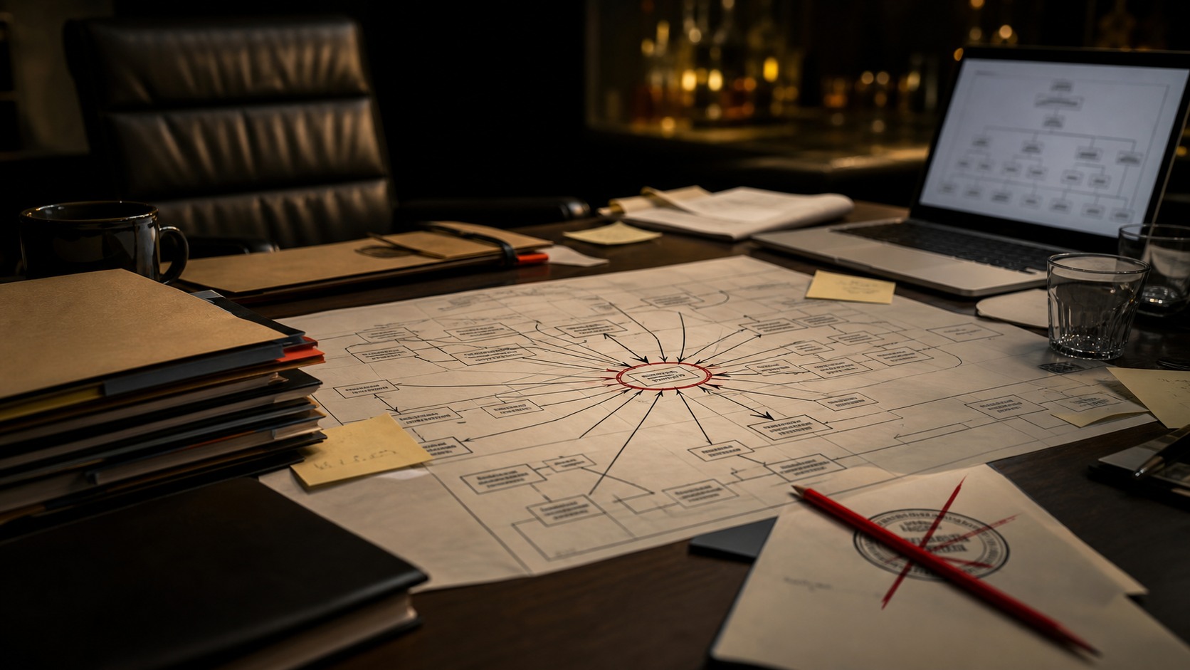 A late-night founder desk with a decision map, red pencil, folders, and a blurred laptop org chart.