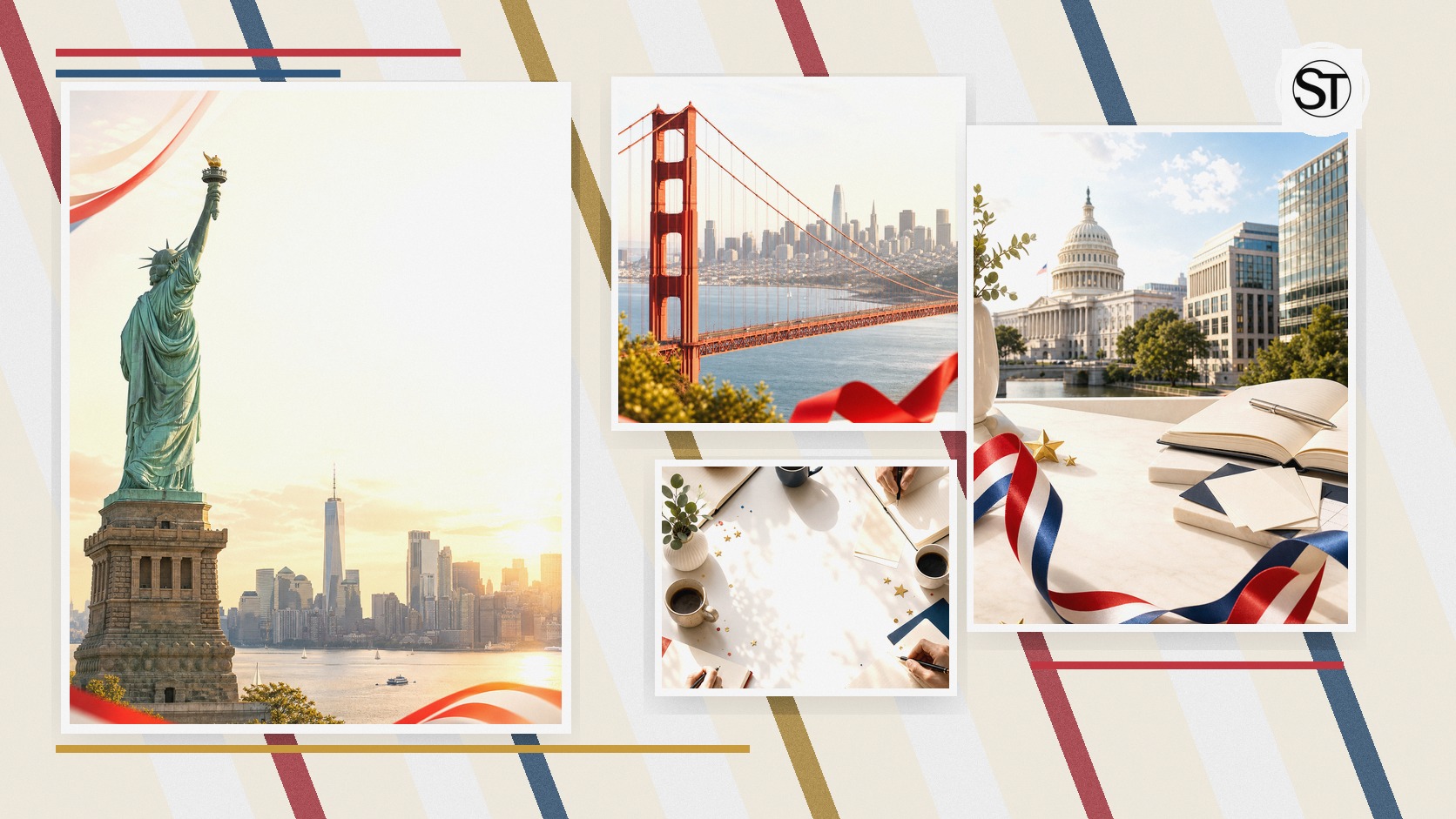 Bright editorial collage with the Statue of Liberty, Golden Gate Bridge, Capitol business scene, ribbons, and Stan Tscherenkow brand mark.