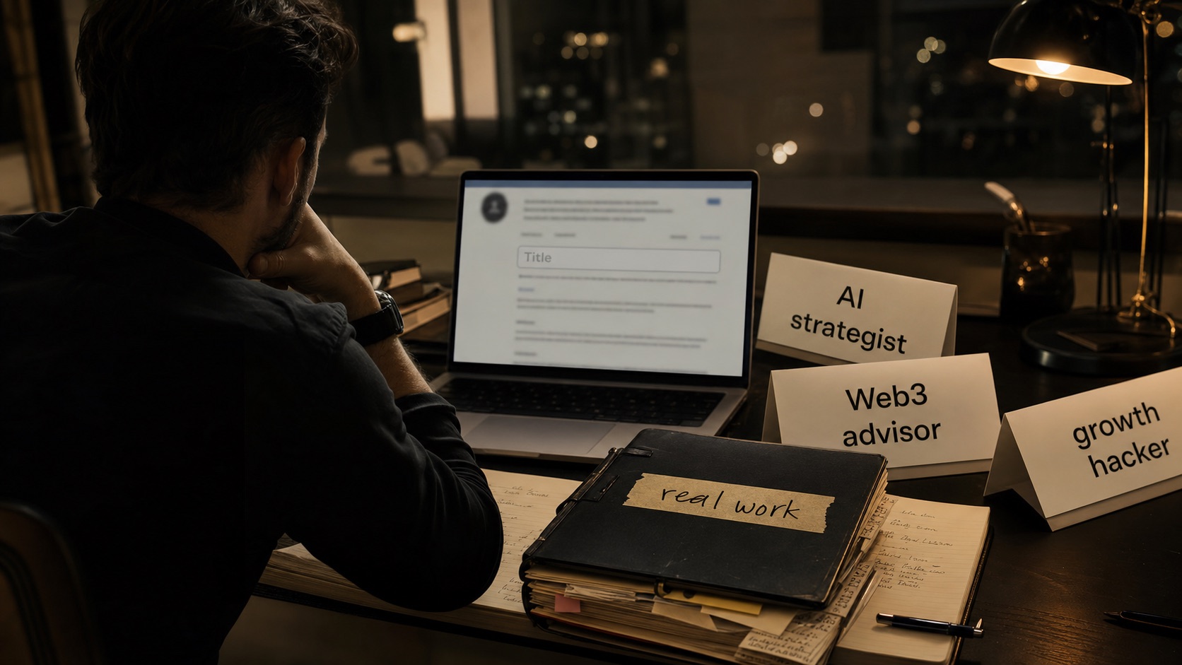 An operator sits at a laptop rewriting a title again while trend title cards sit beside a binder marked real work.