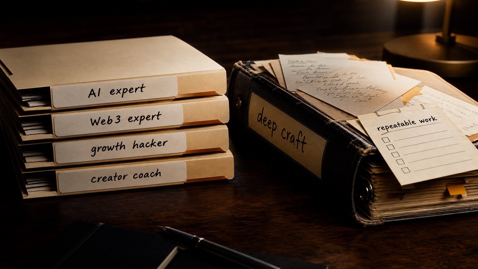 Temporary trend folders labeled AI expert, Web3 expert, growth hacker, and creator coach sit beside a worn binder labeled deep craft.