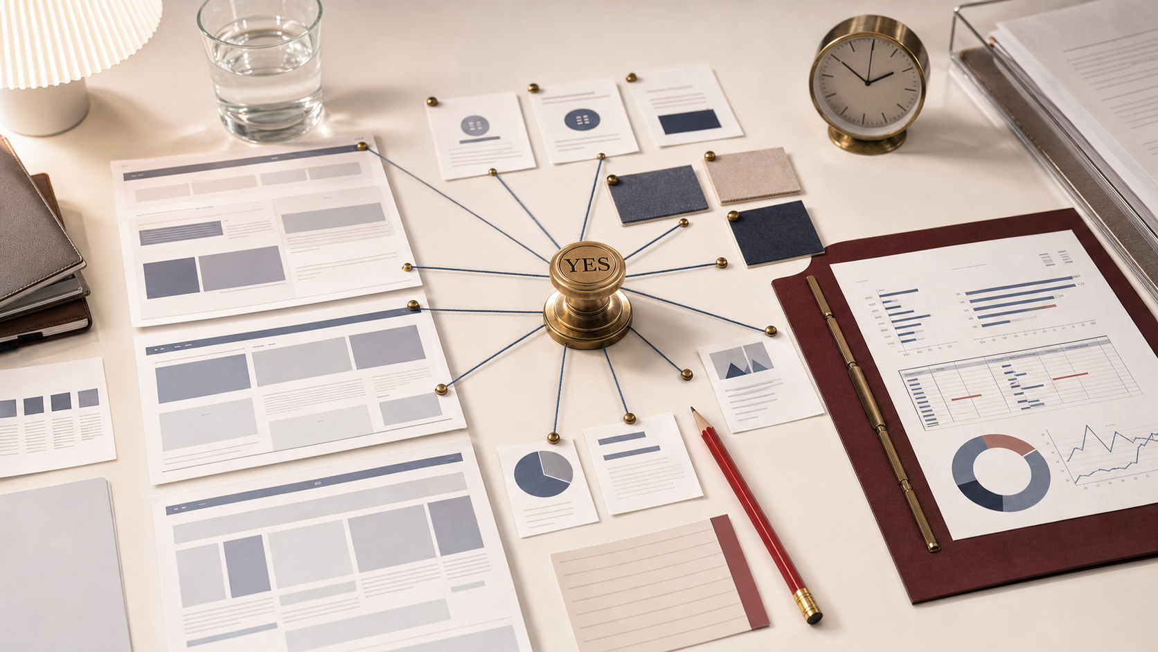 Editorial visual of business assets, target cards, and approval marks arranged on a work surface.