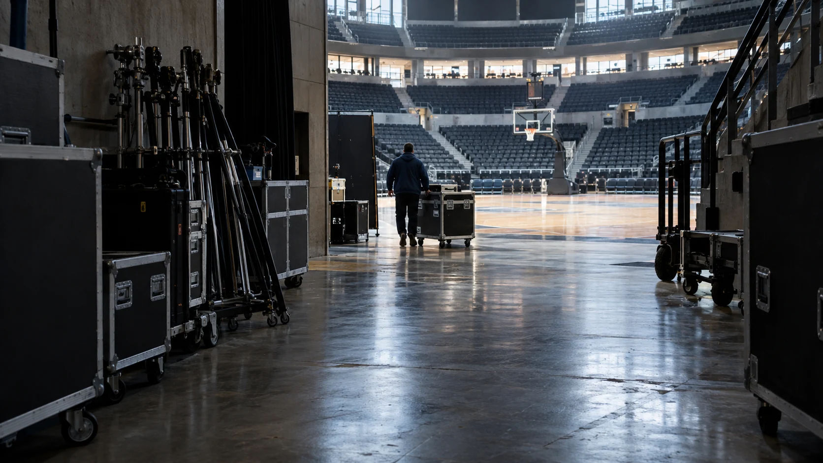 Production cases beside an empty basketball court as a crew member wheels equipment away.