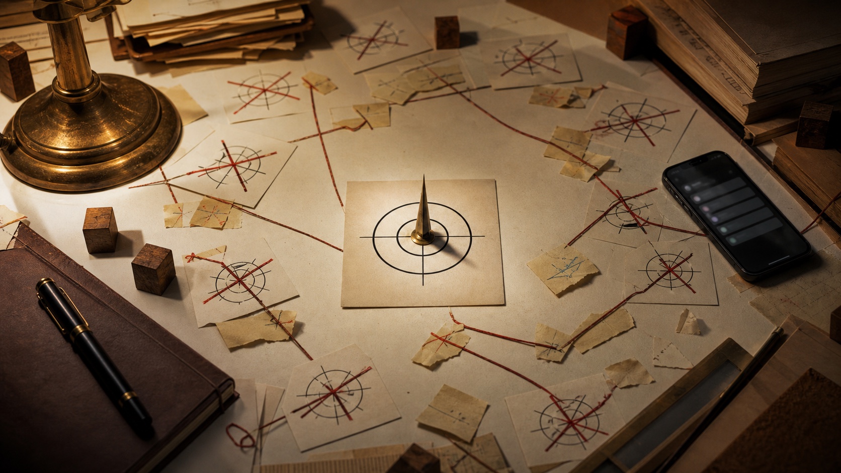 A premium editorial desk with one brass target marker at the center and many crossed-out false targets around it.