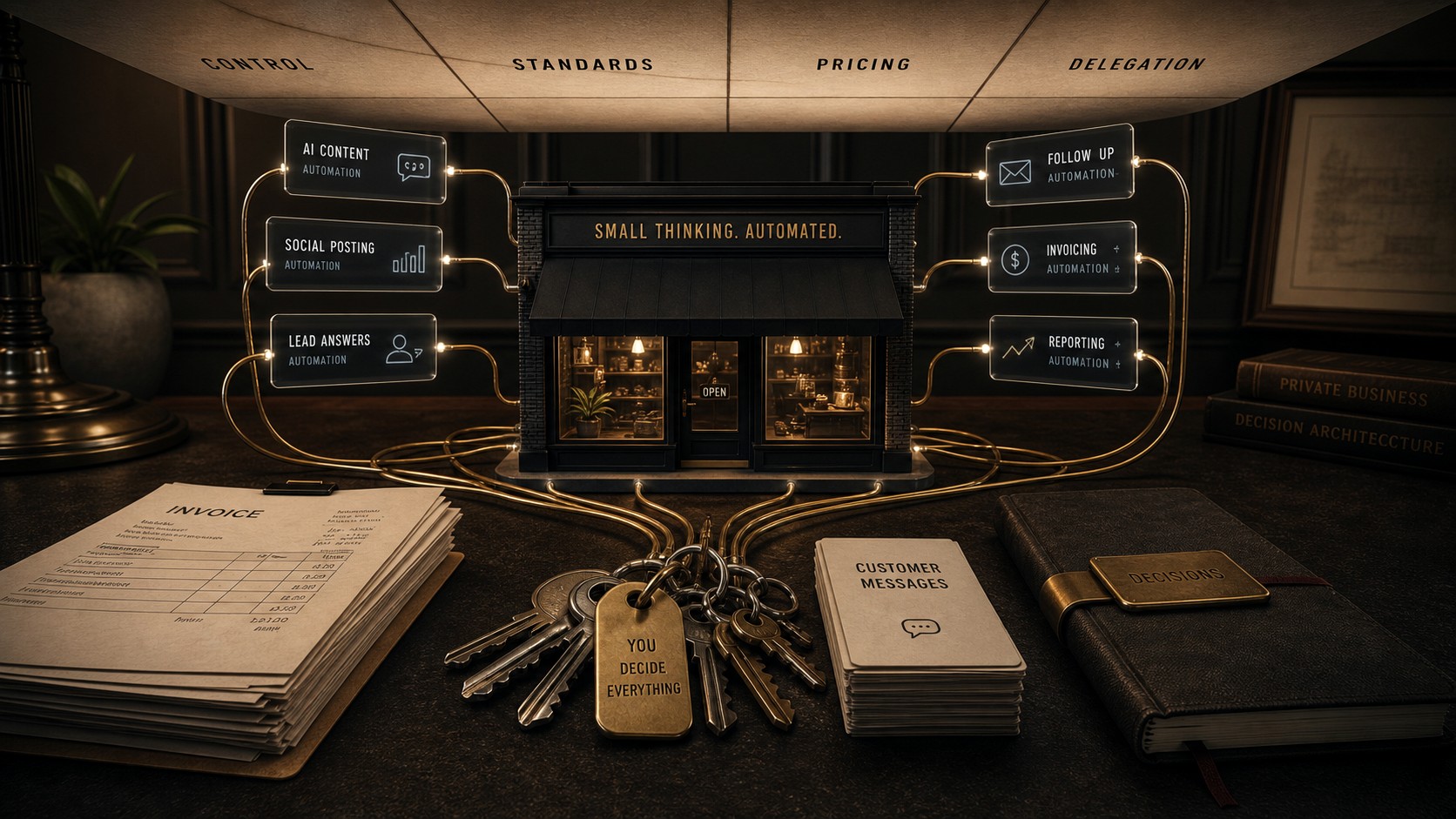 A small business storefront model covered with automation wires that all lead back to one keyring, invoices, customer messages, and a low decision ceiling.