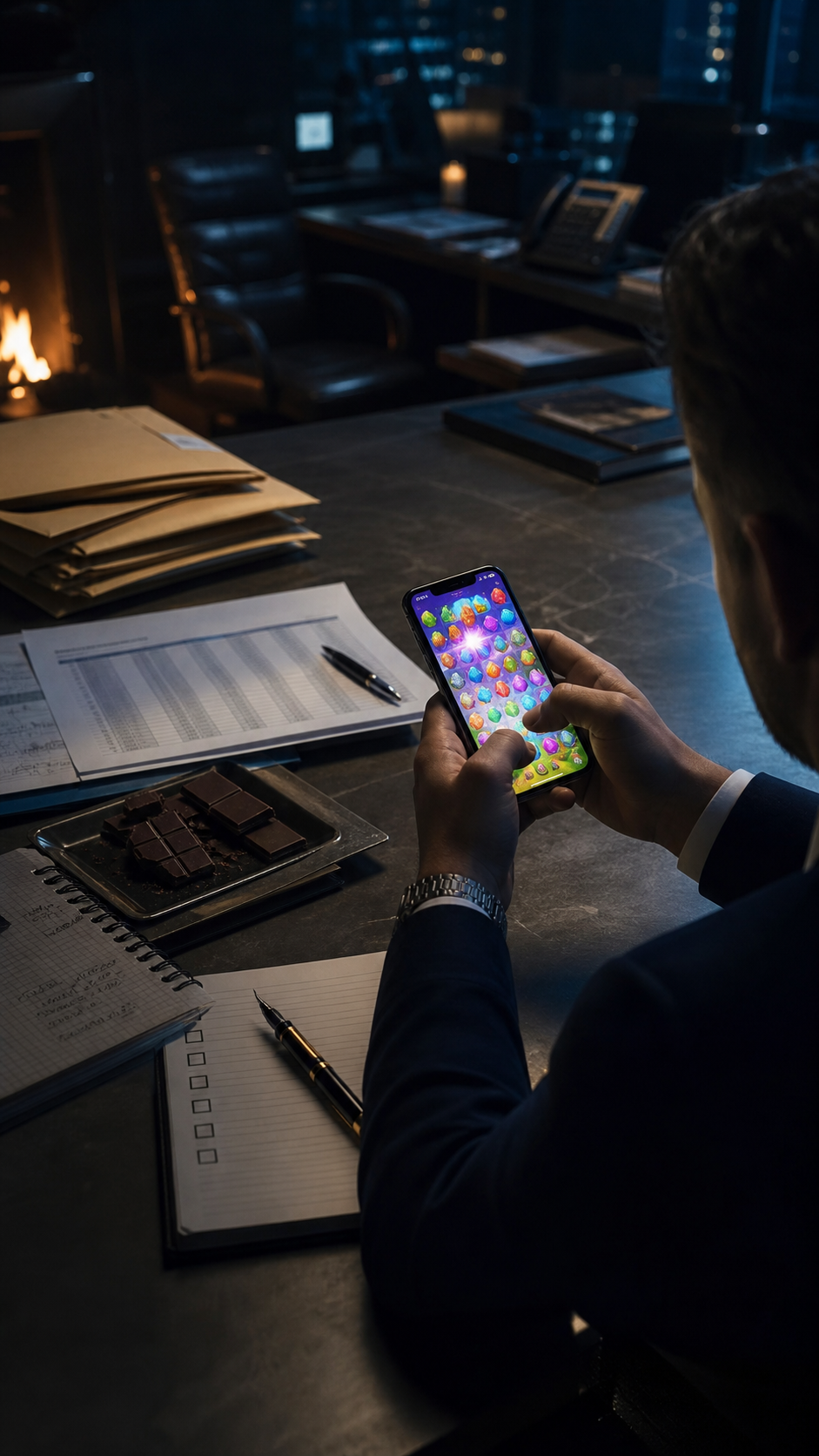 Anonymous business owner at night holding a phone game while invoices, a checklist, and chocolate sit on the desk.