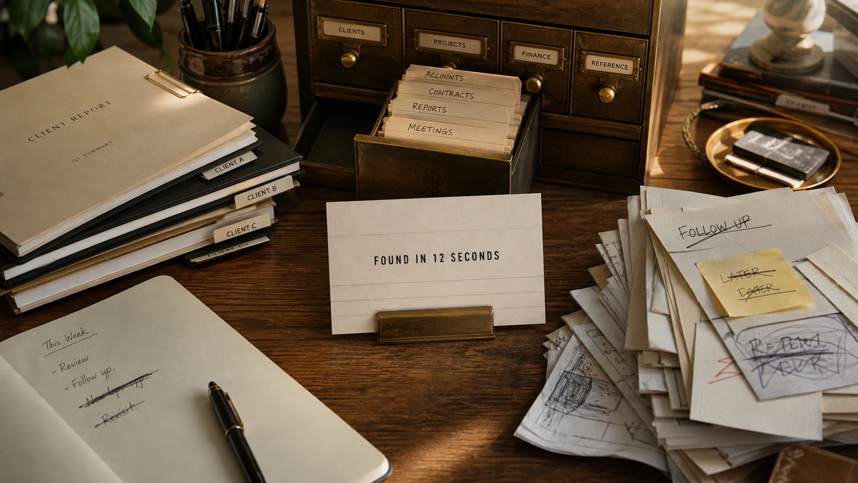 A premium editorial desk with labeled folders, reports, and a retrieval card found in twelve seconds.