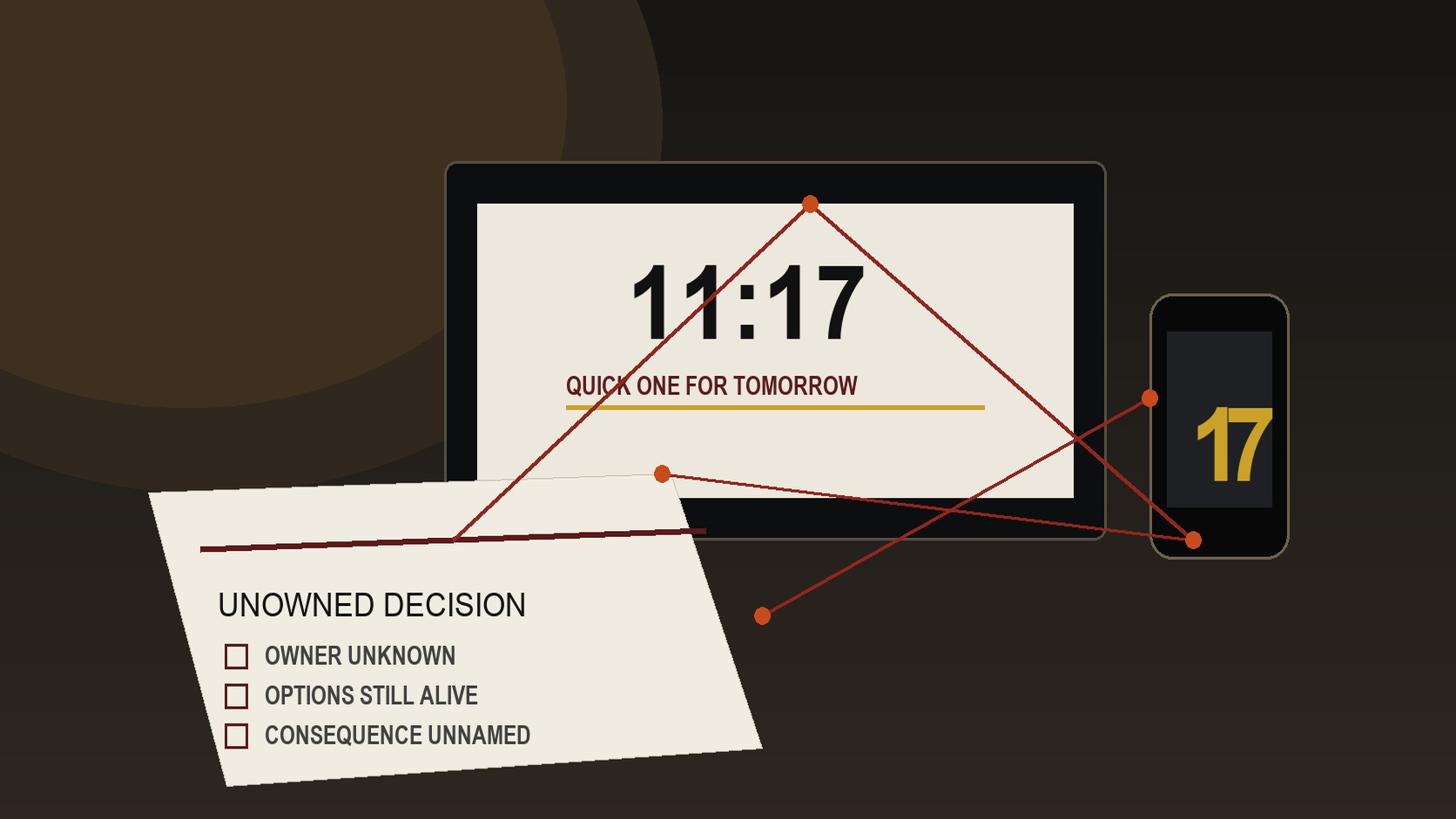 A premium editorial desk at night with a laptop clock showing 11:17, a phone face up, an unfinished decision file, and a red evidence thread.