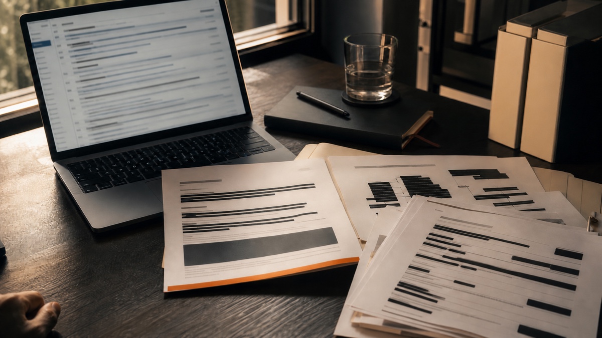 Redacted internal paperwork mixed into an external email workflow beside a laptop.