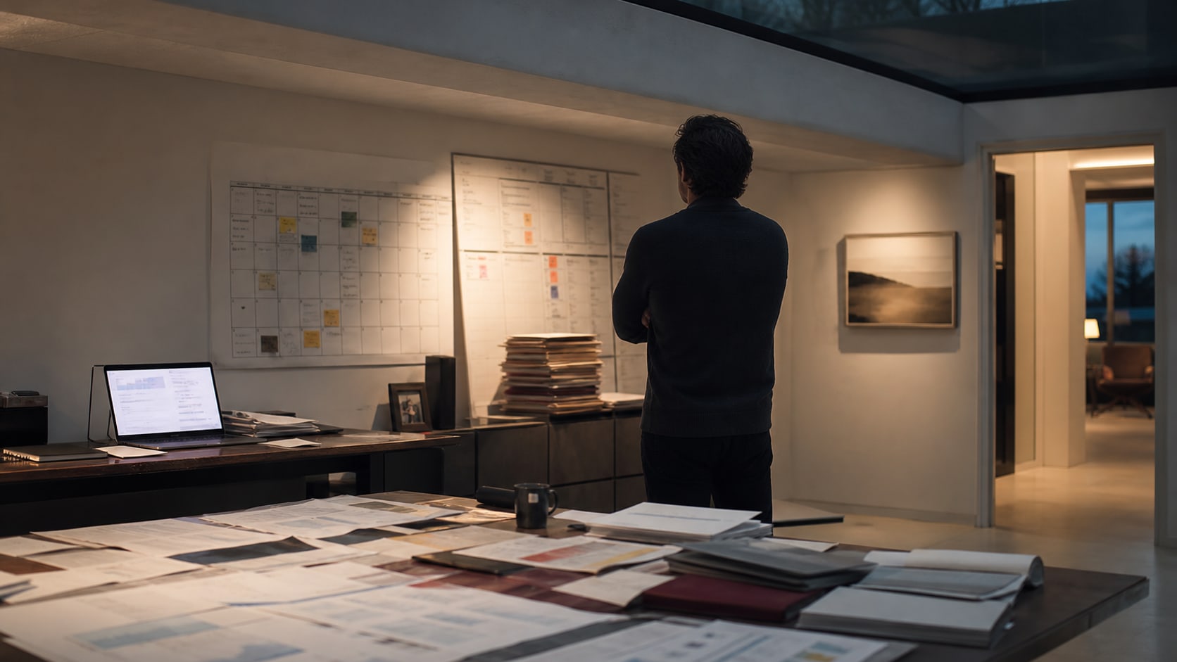 Editorial business scene showing an owner stepping back from a cramped work surface toward a clear opening and a different direction.