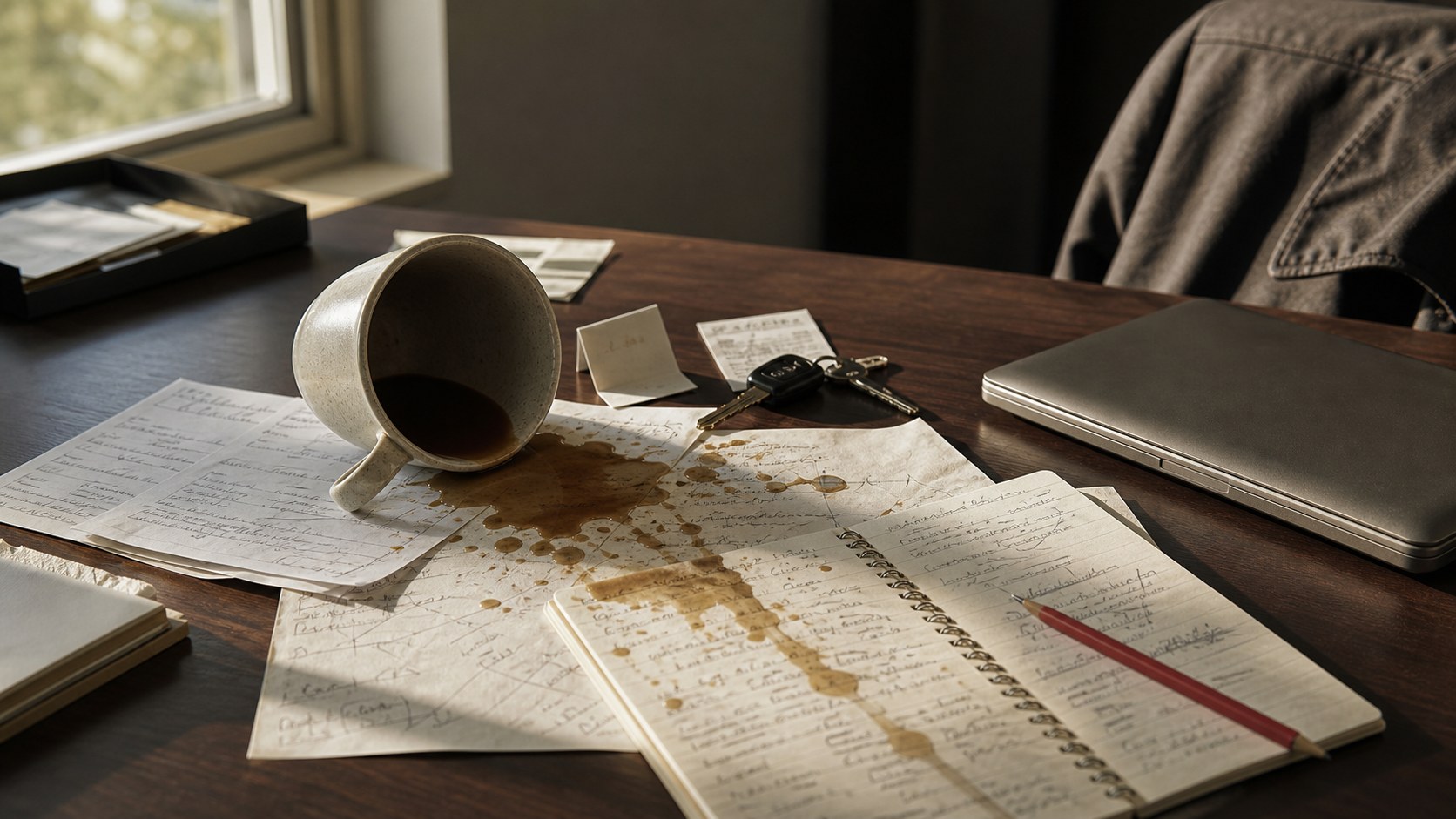 Office desk with a tipped coffee cup spilling over handwritten notes, a red pencil, car keys, a closed laptop, and afternoon light from a window.