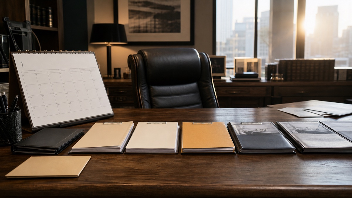Owner office at dawn with a first-of-the-month calendar, expense folders, signed agreements, and uncertain proposals separated across the desk.