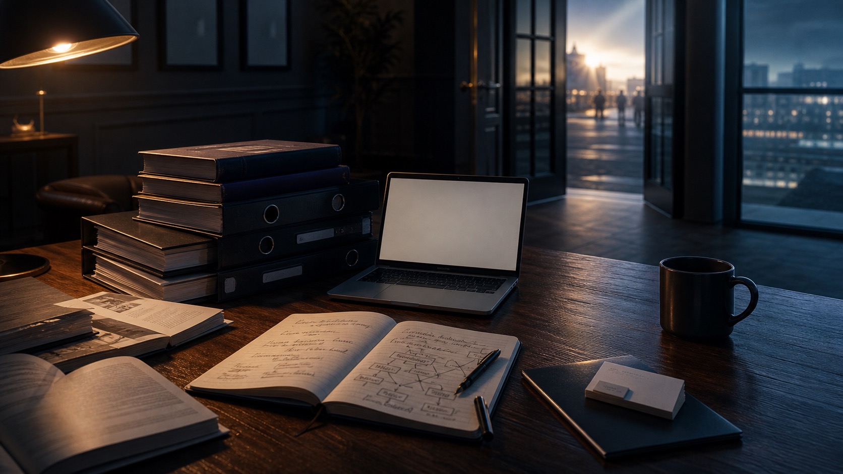 A night desk with case-study binders, an open notebook, a blank laptop, and an open doorway toward the market.