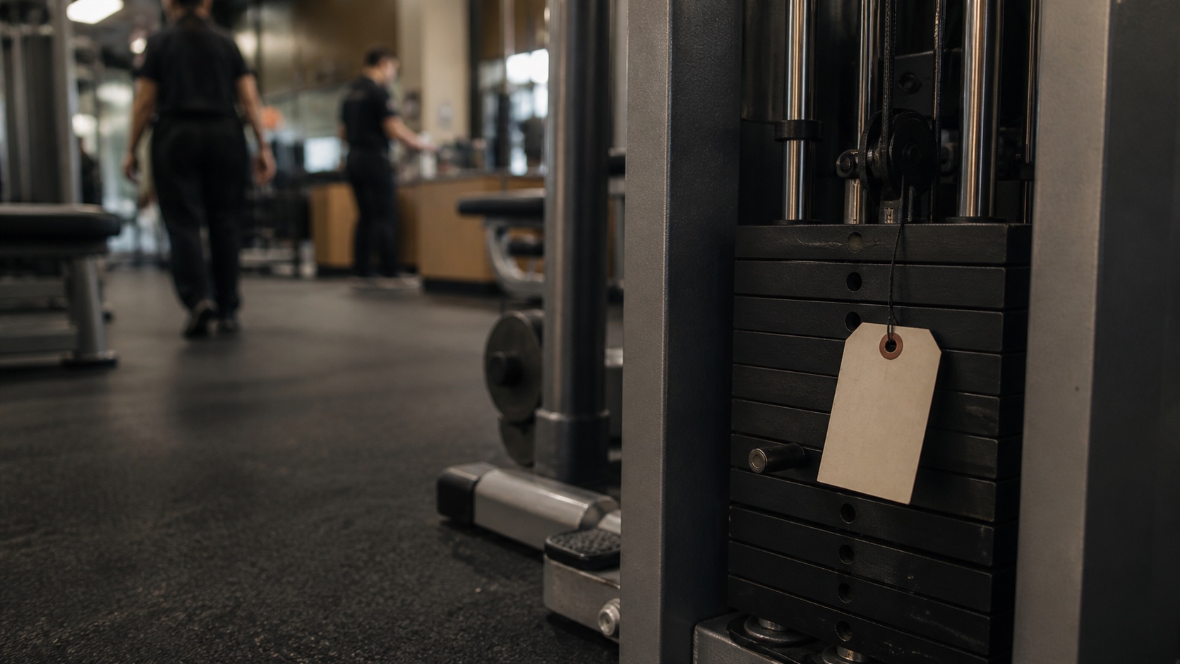 Commercial weight machine marked unavailable after a selector-pin problem.