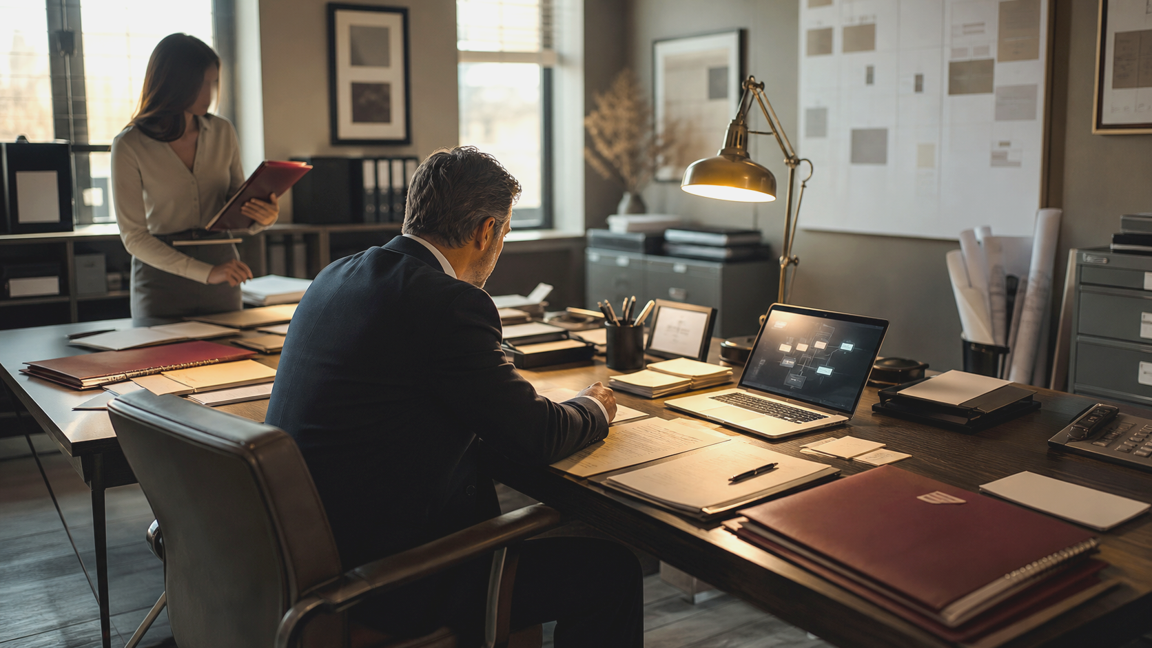 A business owner at the center of an office workflow with an assistant, folders, and an abstract AI screen.