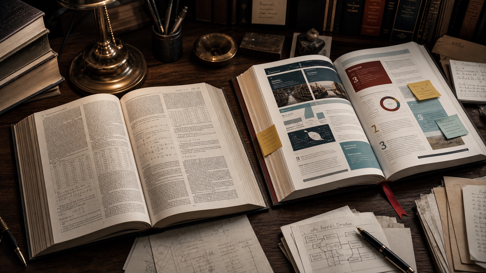 A desk scene comparing dense fine-print theory with a vivid applied marketing textbook.
