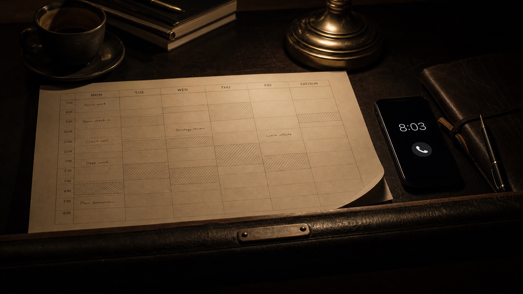 A blocked weekly planner sits under a desk lamp while a phone shows an 8:03 incoming call.