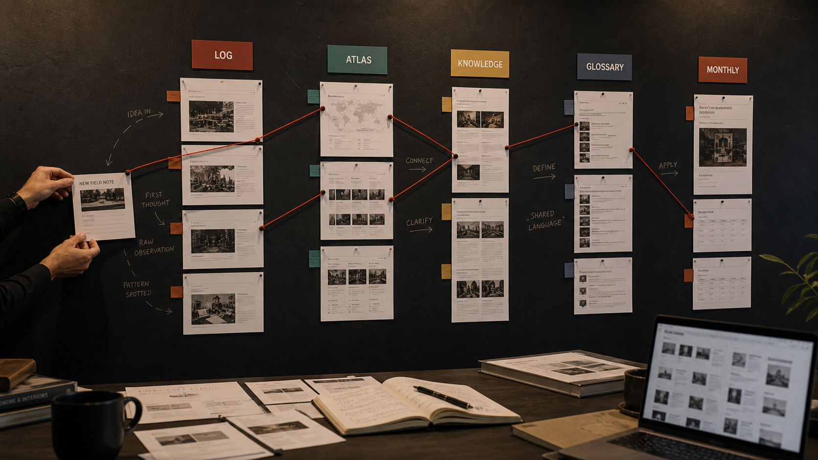 Physical route wall showing a Log field note connecting to Atlas, Knowledge, Glossary, and Monthly routes.