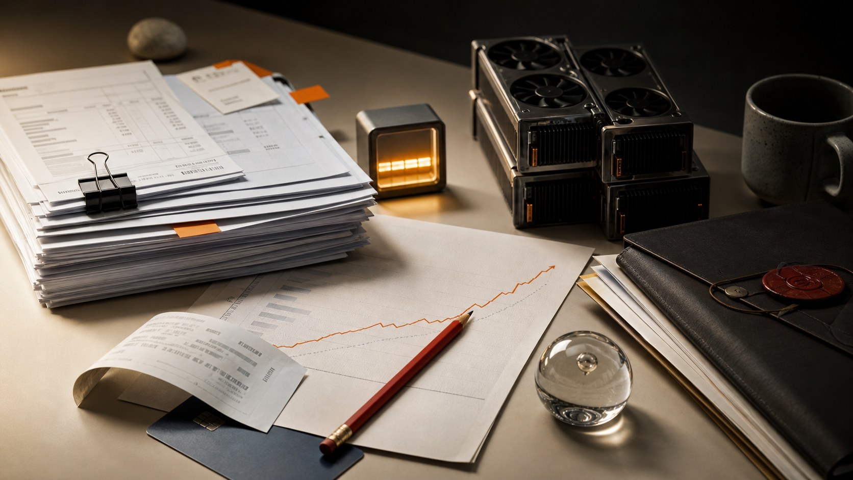 Executive table with invoices, GPU compute blocks, a glowing token meter, red pencil, board folder, and rising spend line.