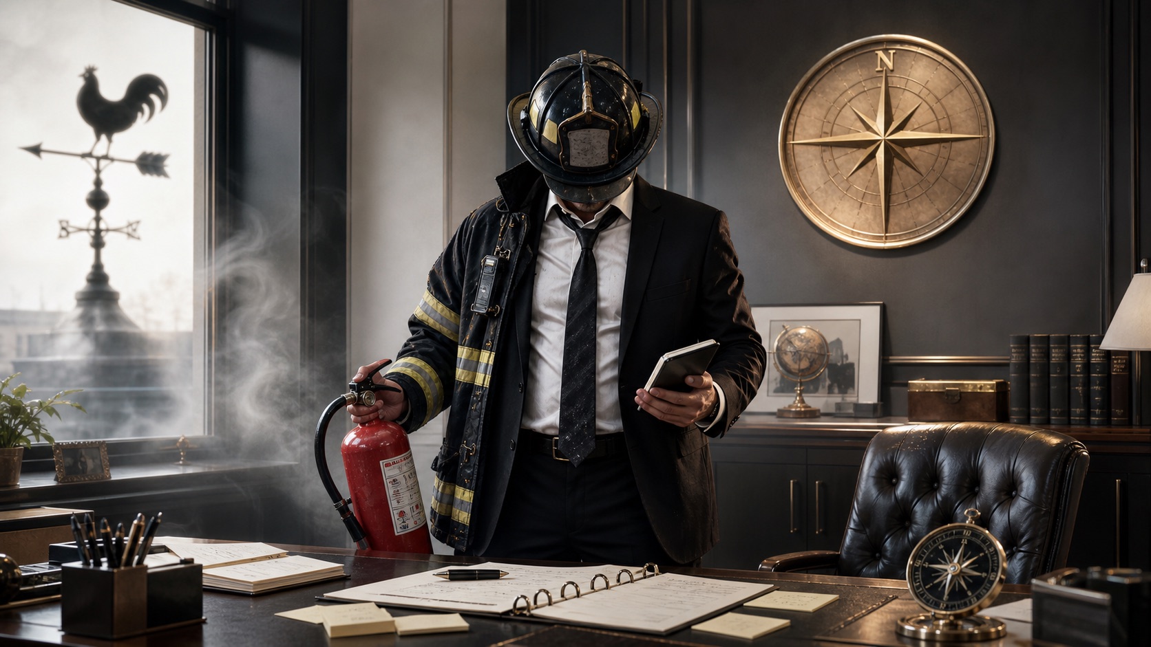 Anonymous business owner in a suit and firefighter helmet holding an extinguisher in an office with smoke, notes, a weather vane, and a compass.