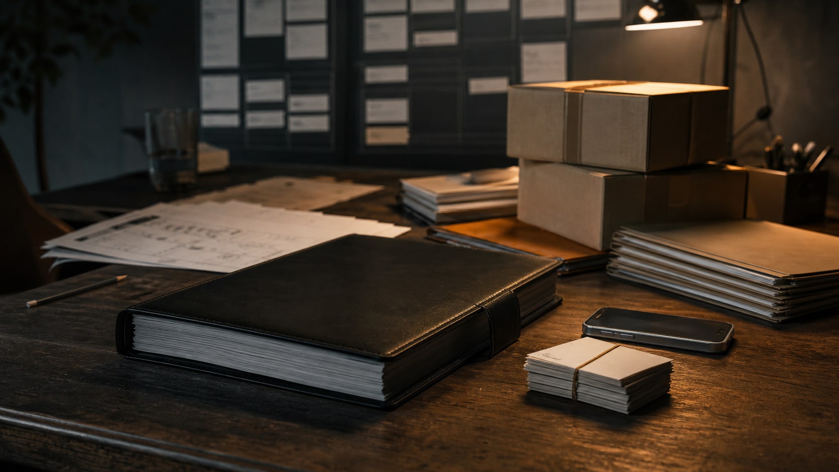 Late-evening desk with a closed offer binder, blank lead cards, shipment boxes, and a phone waiting beside the work.