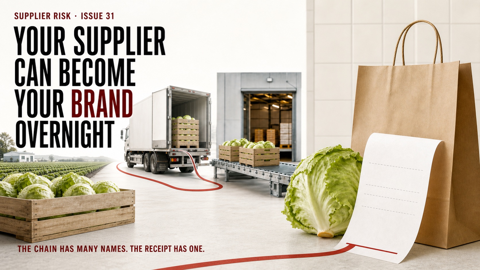 Editorial cover reading Your Supplier Can Become Your Brand Overnight, with lettuce moving from a farm and refrigerated truck to a restaurant receipt.