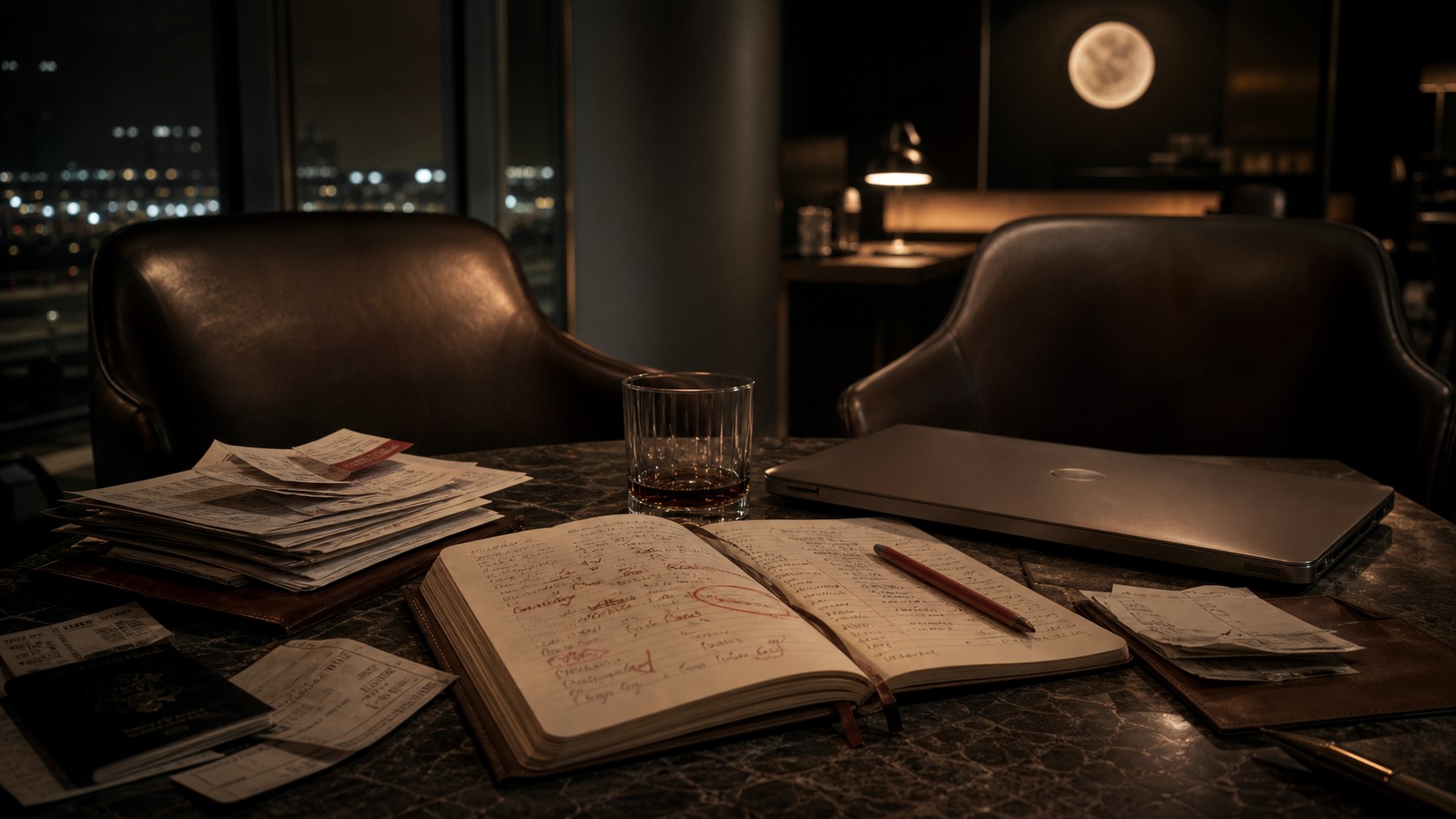 Airport lounge table with boarding passes, receipts, a passport, red pencil notes, a closed laptop, and two chairs after a business conversation.