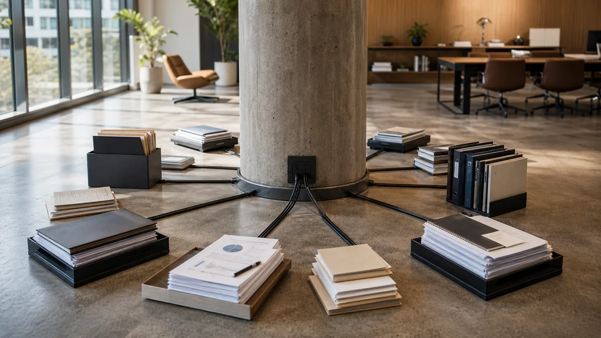 Business files and workstreams physically feeding into one central support point.