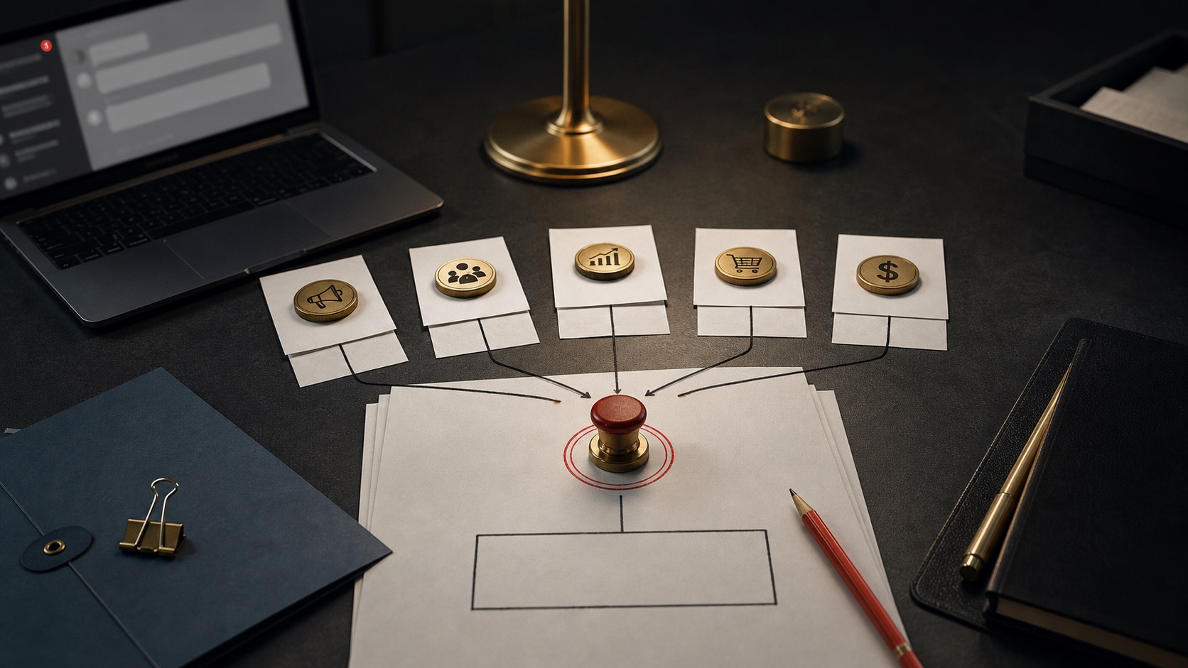 Decision cards for team, growth, sales, and money routing back to one approval stamp.
