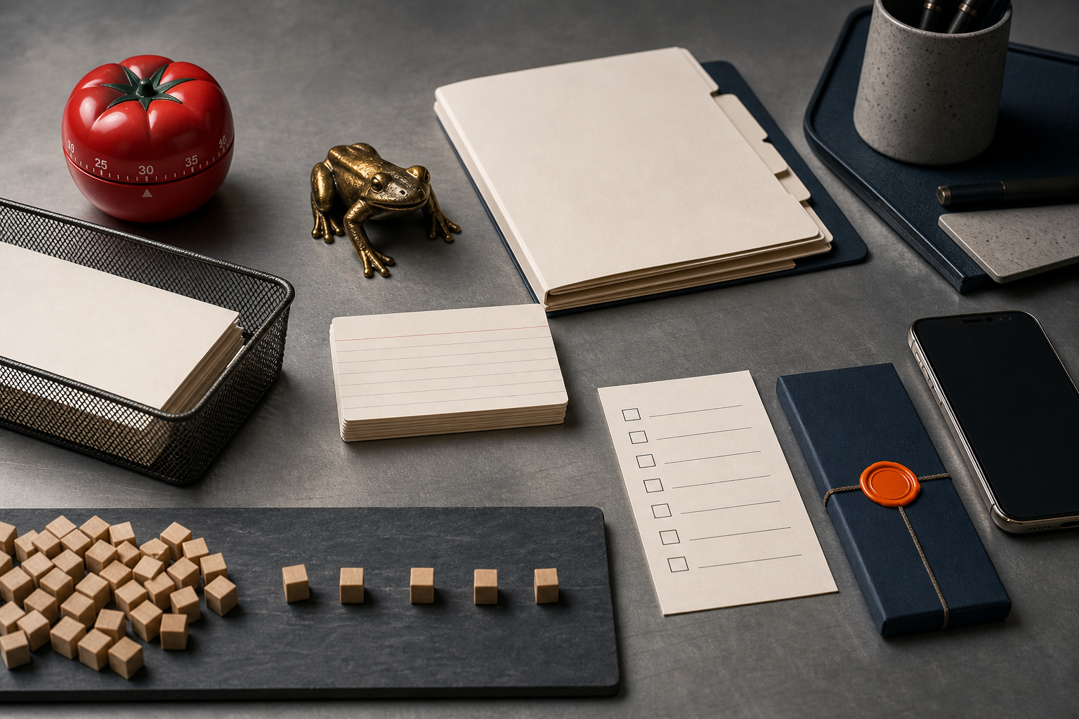 Planning systems tabletop with timer, task blocks, inbox tray, frog marker, checklist, phone, and BLAST pressure card.