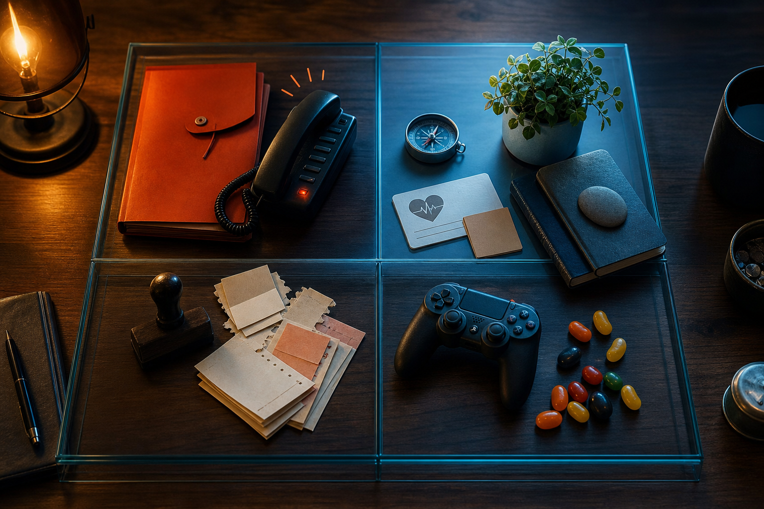 Glass urgent-important matrix on a desk with business, health, wealth, relationship, and distraction objects in the quadrants.