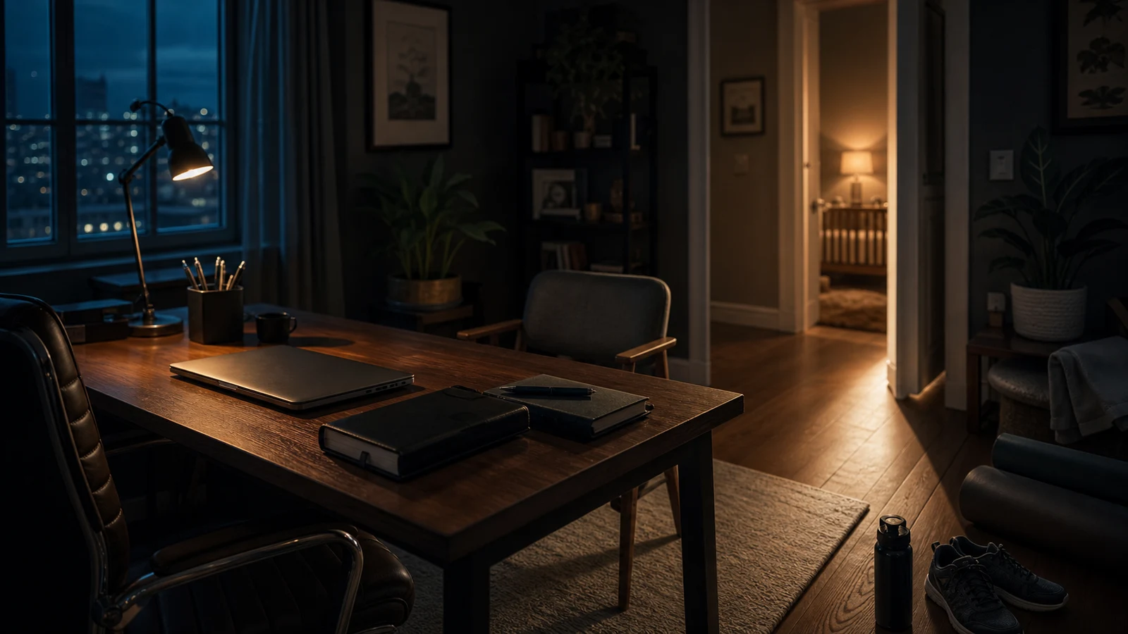 An after-hours owner desk connected by warm light to a quiet home doorway, training shoes, a closed ledger, and an empty chair.