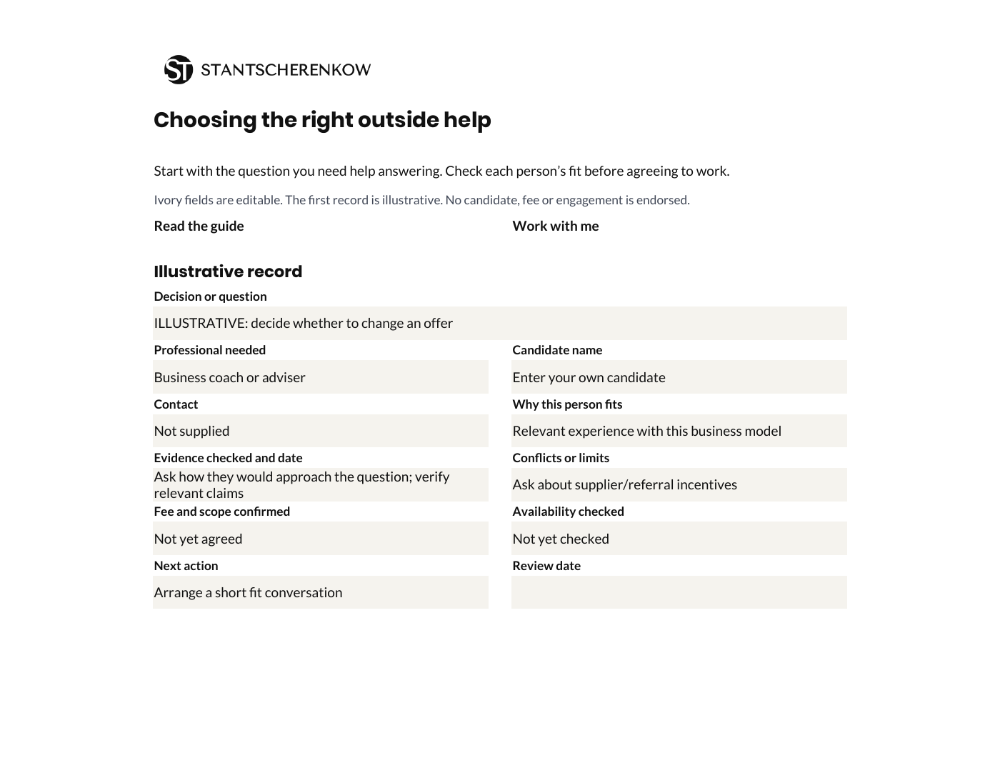 First printed page of the editable outside-help roster, with instructions and candidate fields.
