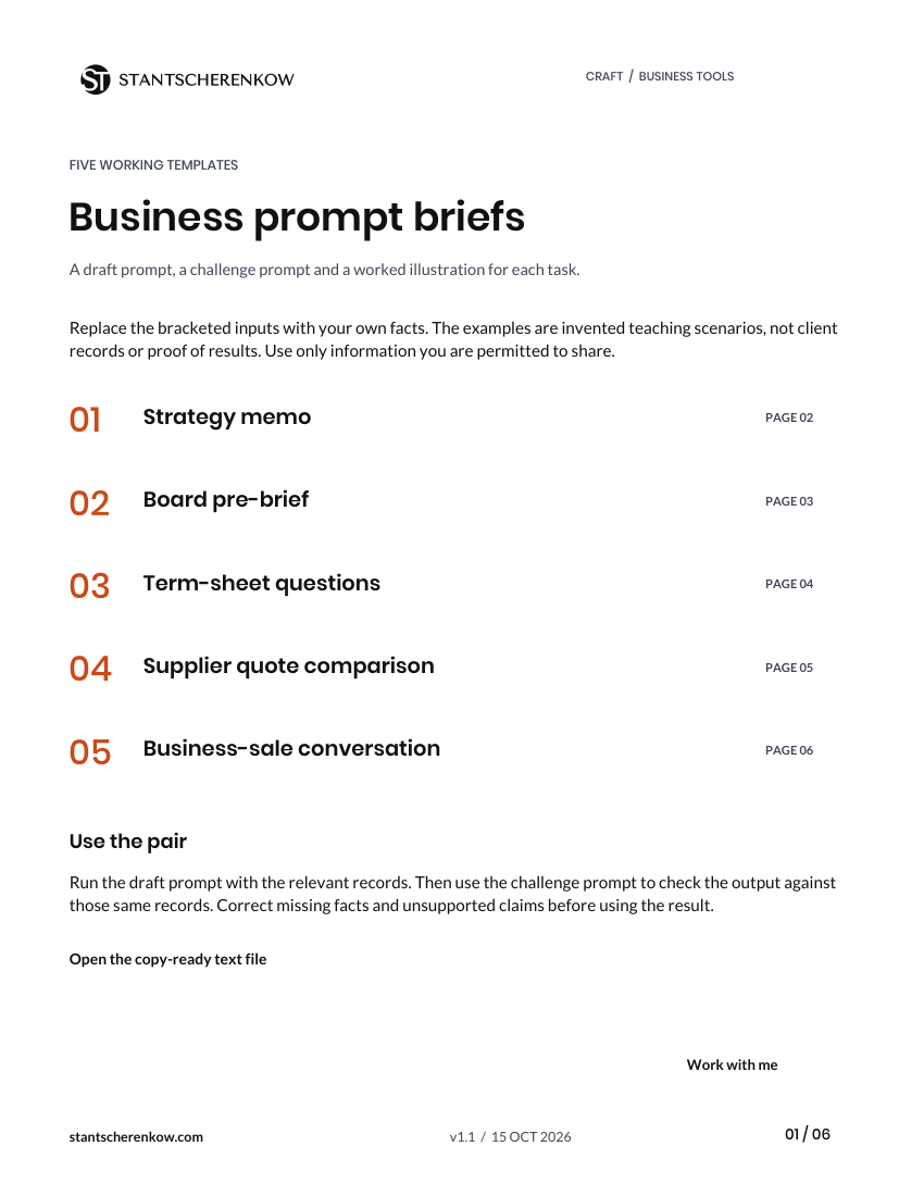 First page of the business prompt guide, listing its five working briefs and usage instructions.