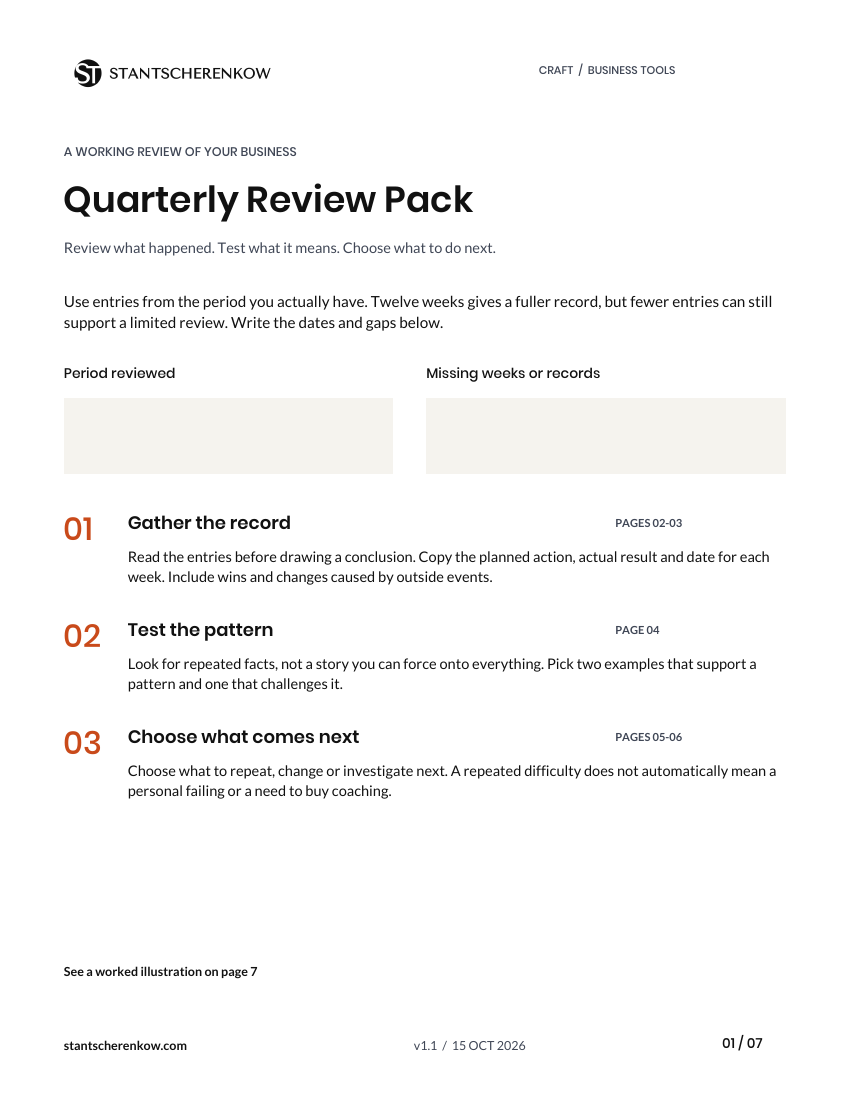First page of the Quarterly Review Pack, with instructions, period fields and review steps.
