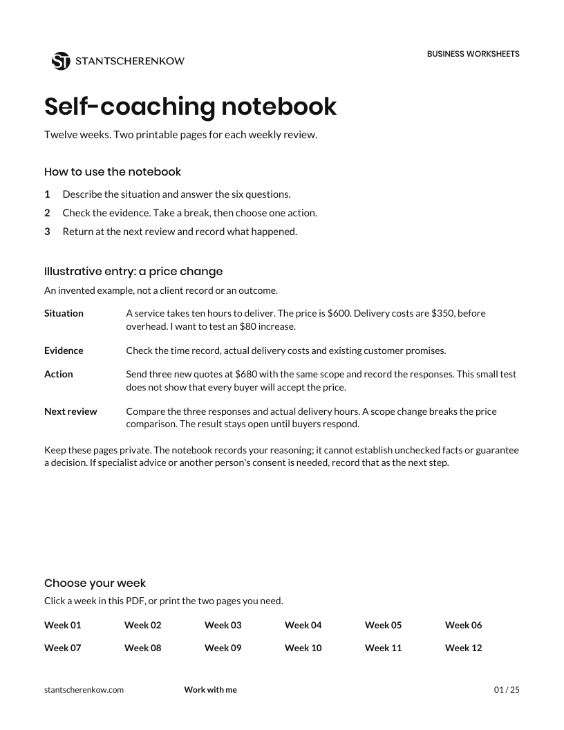 First page of the Self-Coaching Notebook, with instructions, a price-change example and links to twelve weeks.