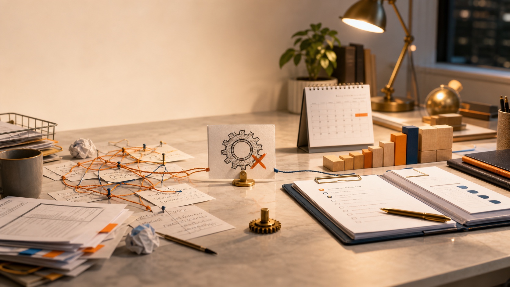 Bright AI-generated desk visual showing messy business notes turning into one cleaner first-fix path.